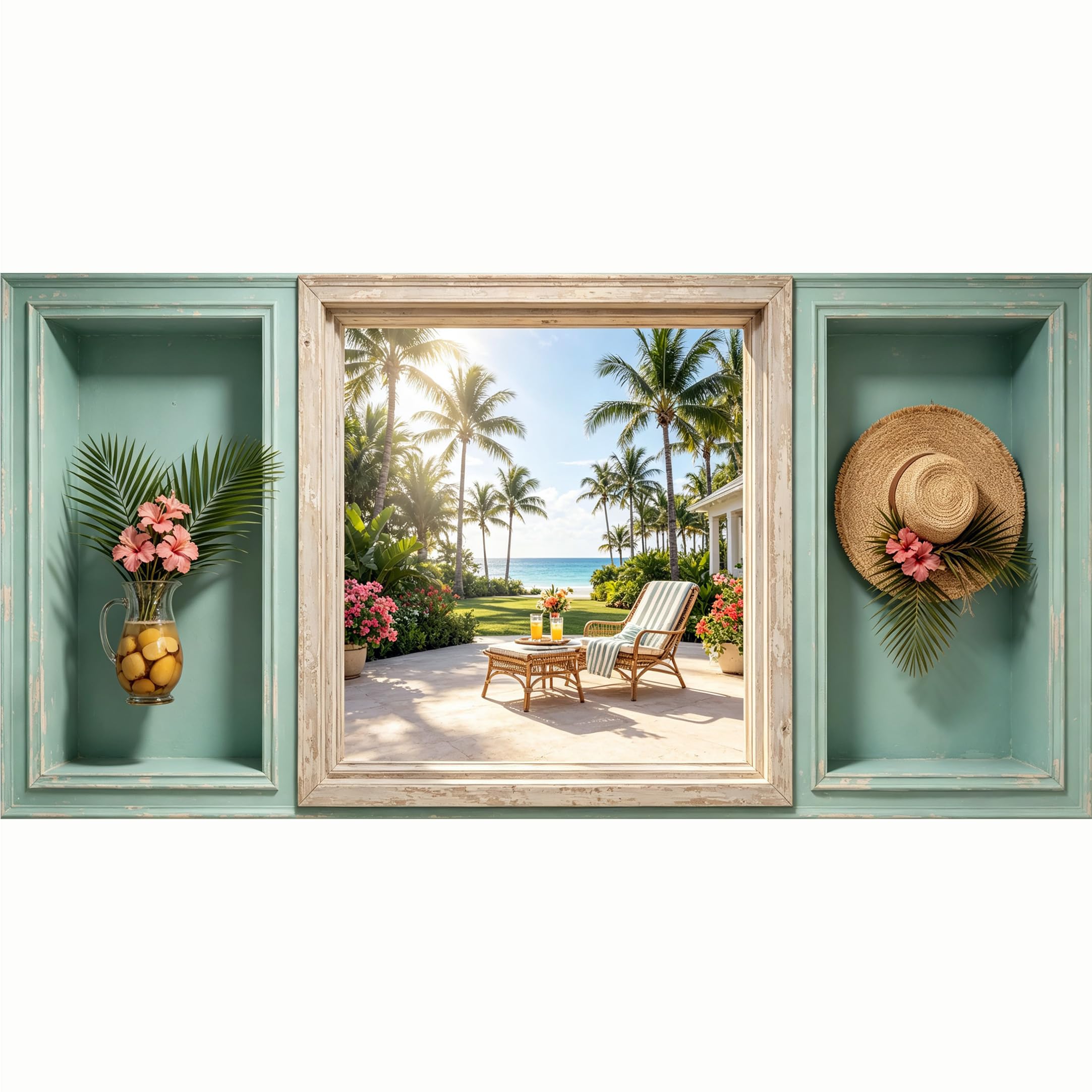 QZLITHOTIC 50x100cm 3D Framed Wall Art， Tropical Coastal Palm Beach Scene Self‑Adhesive Mural， Water‑Activated Peel & Stick Fabric Decor Wall Decal for Bedroom Living Room