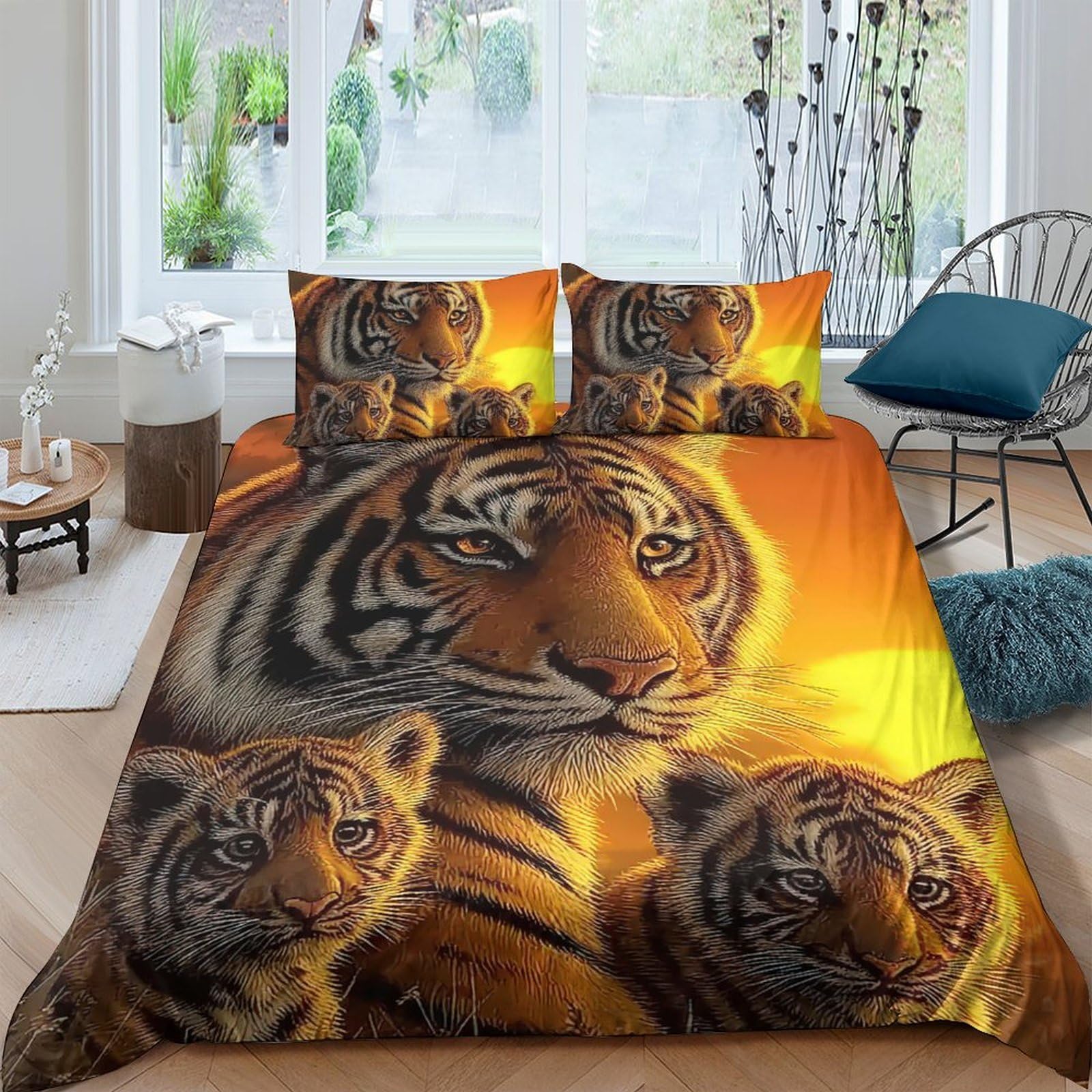 P5V6M1Q9 3D Printed Tiger Family Duvet Cover Microfiber Soft Breathable Wildlife Bedding Set with 2 Pillowcases for Bedroom Decor Single（135x200cm）