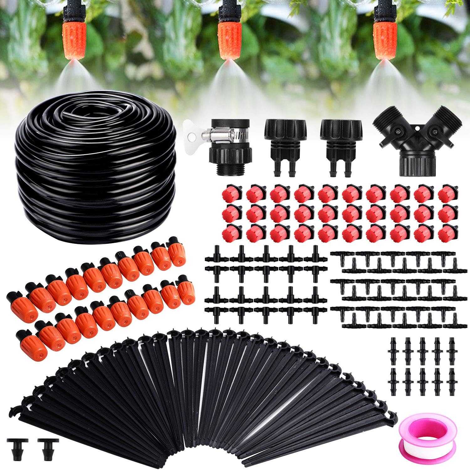 Drip Irrigation Kit, Fixget 100ft/30M Adjustable Garden Automatic Irrigation System Kits with DIY Plant Garden Hose Watering Kit Irrigation for Landscape, Flower Bed, Patio Plants