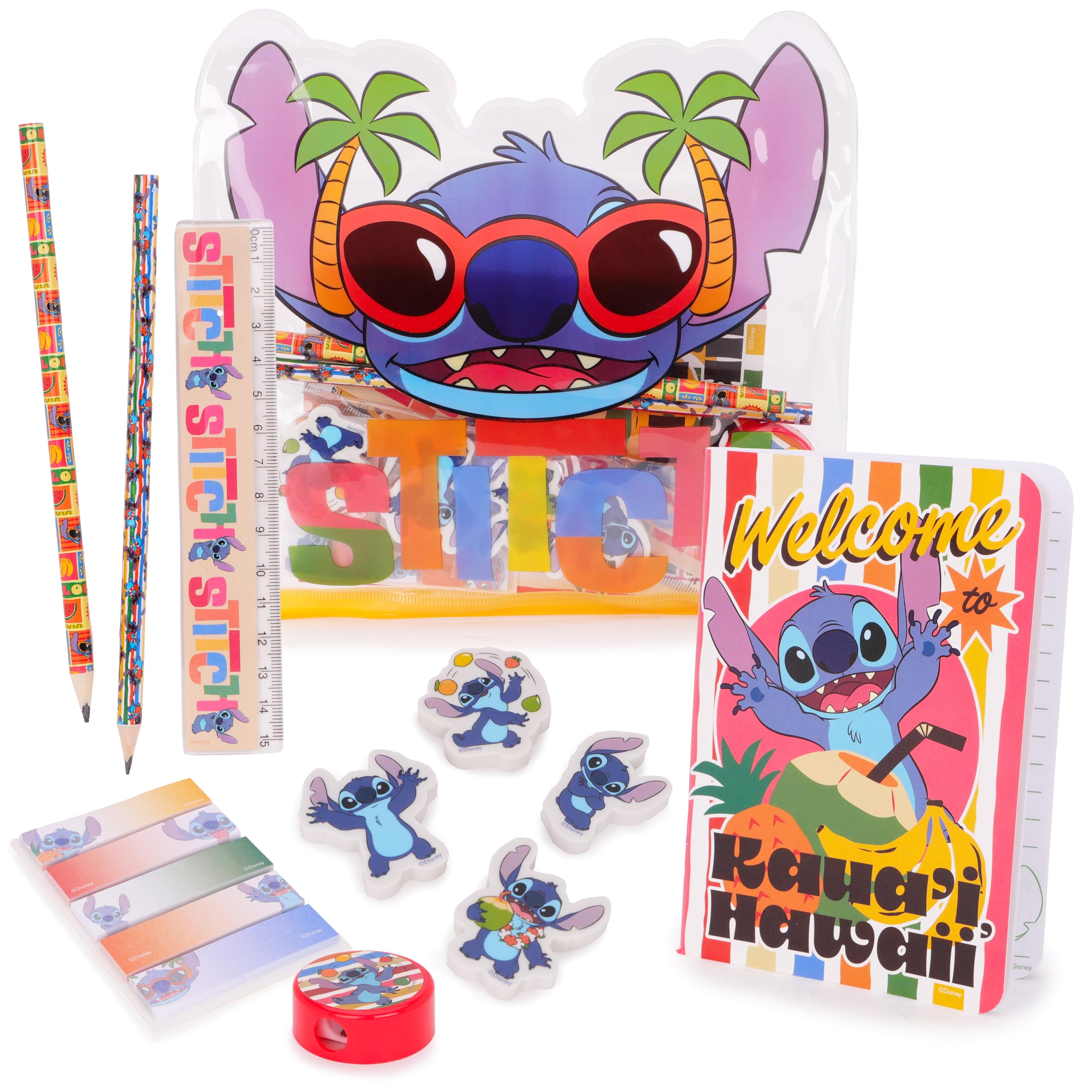 Toyland® Disney Stitch Filled Pencil Case - Includes: 1x Notebook, 2 x Pencils, 4 x Character Erasers, 1 x Sharpener, 1 x Ruler & 125 x Sticky Notes - School Stationary Set - Travel Drawing Supplies