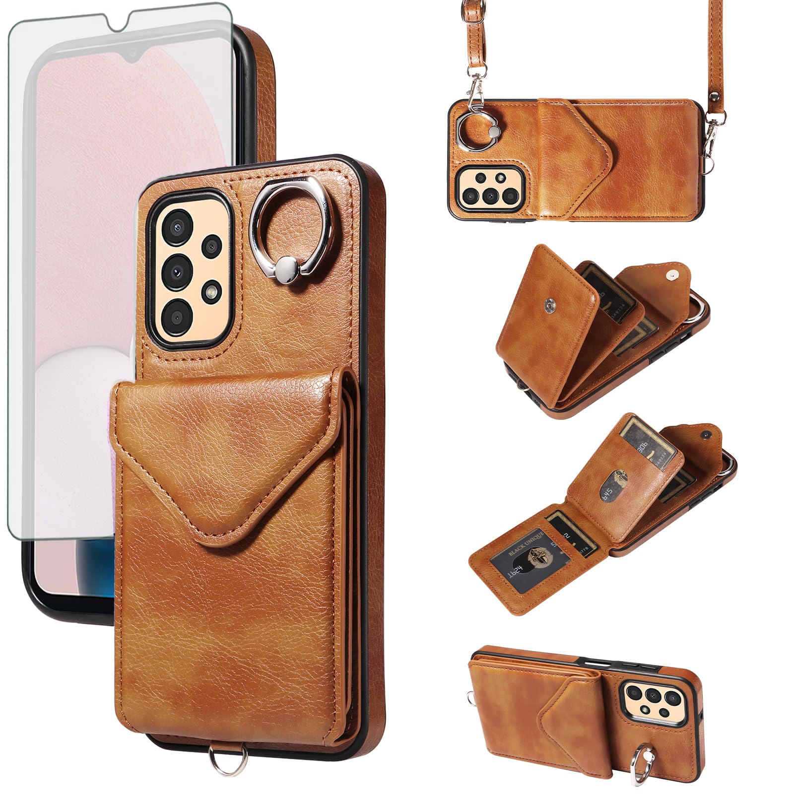 Asuwish Phone Case for Samsung Galaxy A13 4G/5G Wallet Cover with Screen Protector and Card Holder Slot Kickstand Ring Cell Accessories Protective