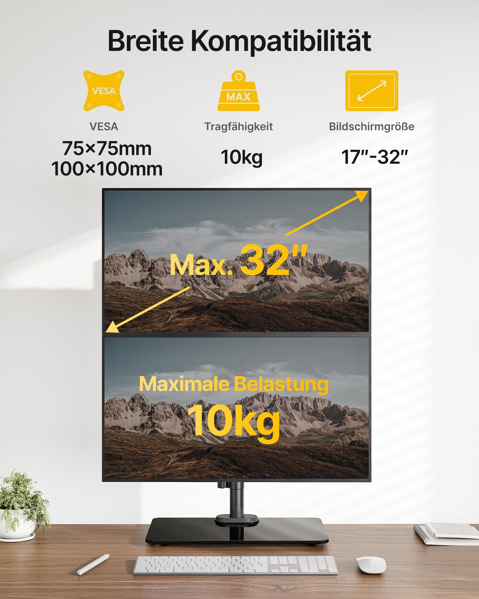 monTEK Supporto verticale Monitior 2 Monitiore con base in vetro per schermi da 17-32 pollici, portata massima 10 kg per braccio, supporto per monitor autoportante, completamente mobile e regolabile