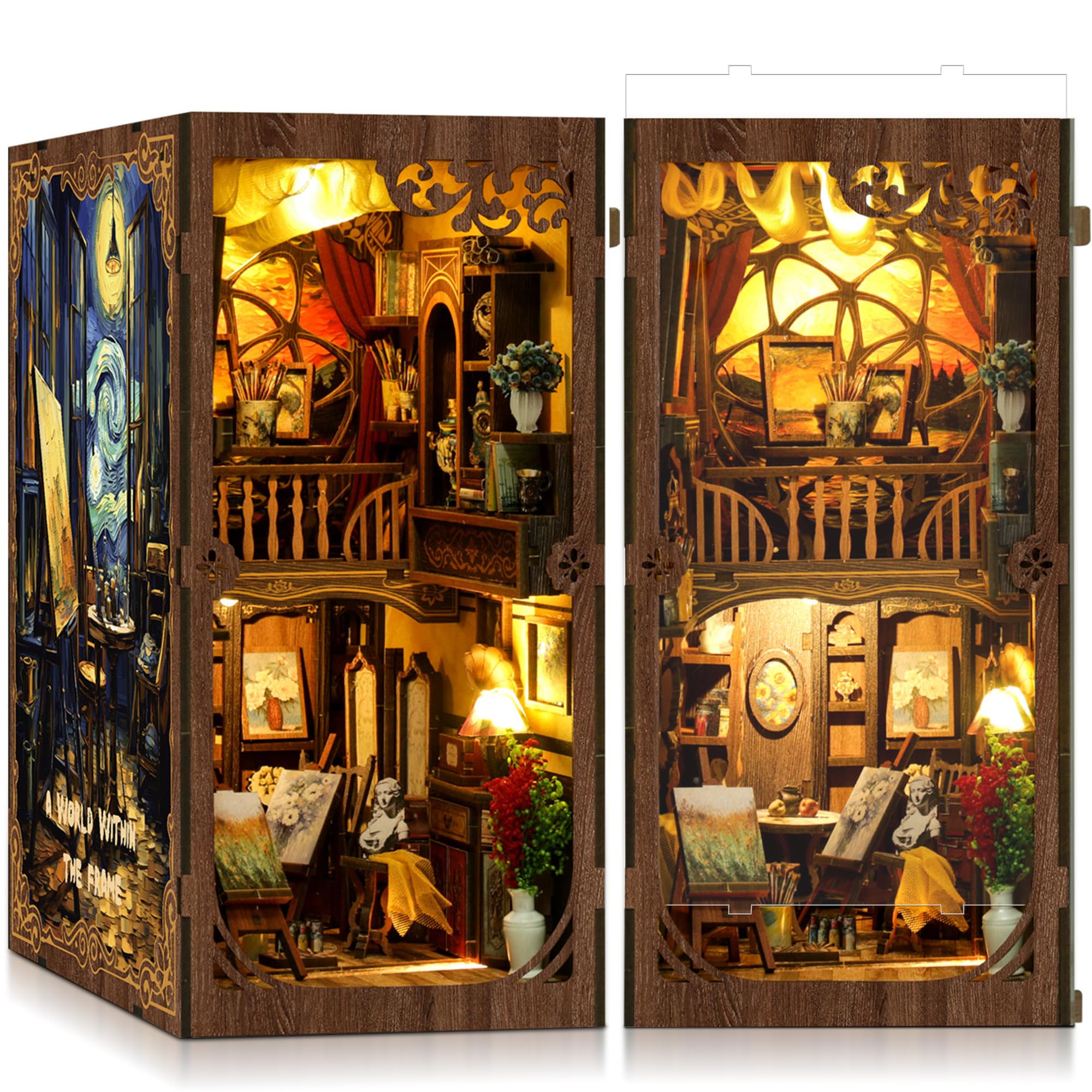 Book Nook Kit für Erwachsene - CRIOLPO DIY Miniatur Haus Holzpuzzle 3D Puppenhaus - Buchstütze für Bücherregal Deko mit Led Licht Kreatives Geschenk für Leser