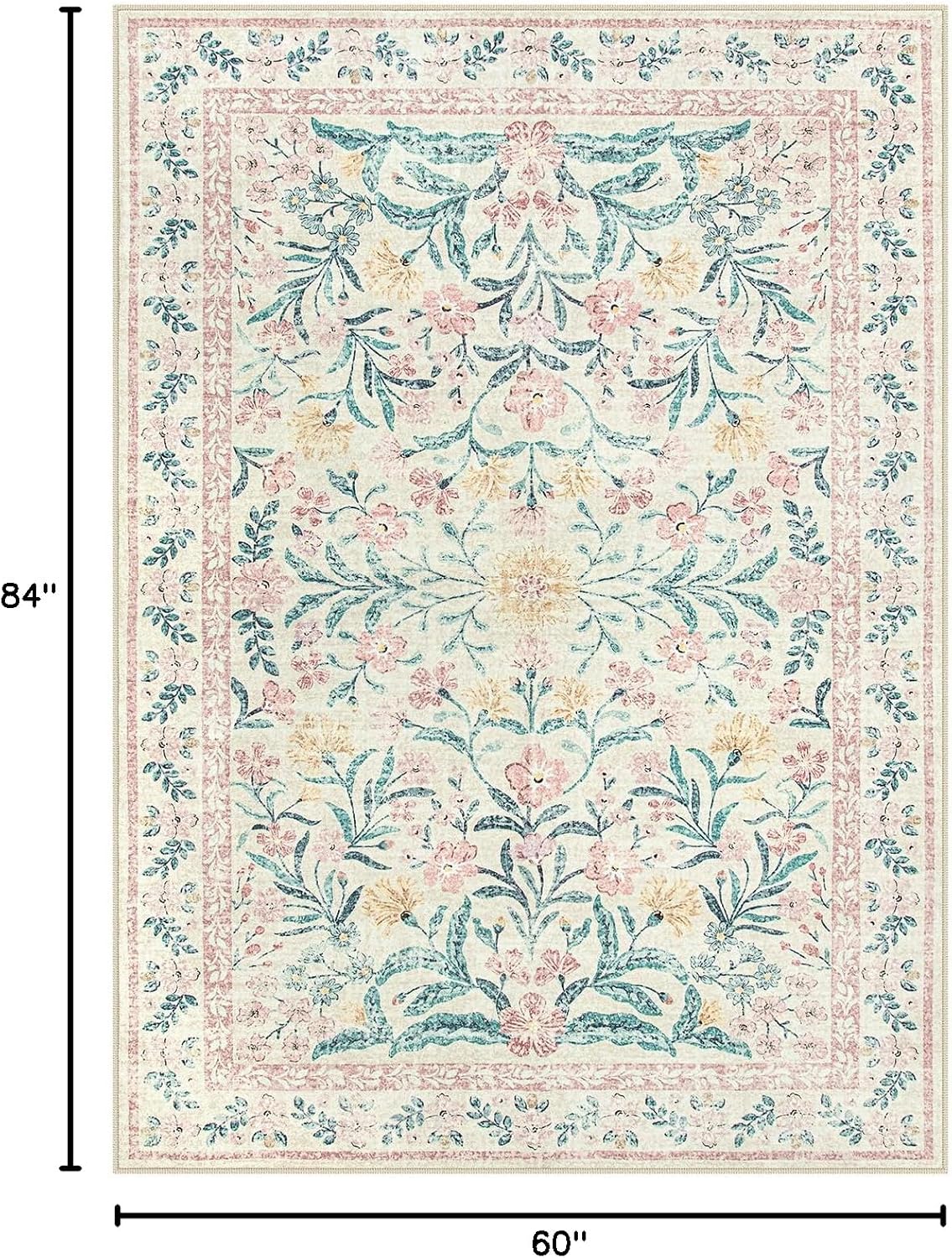 Morebes Floral Pink Rugs for Bedroom Girls, Washable 5x7 Area Rug for Nursery Decor, Indoor Soft Low-Pile Floor Boho Flower Carpet for Kids Playroom Dorm Living Room Dining Room - Image 2