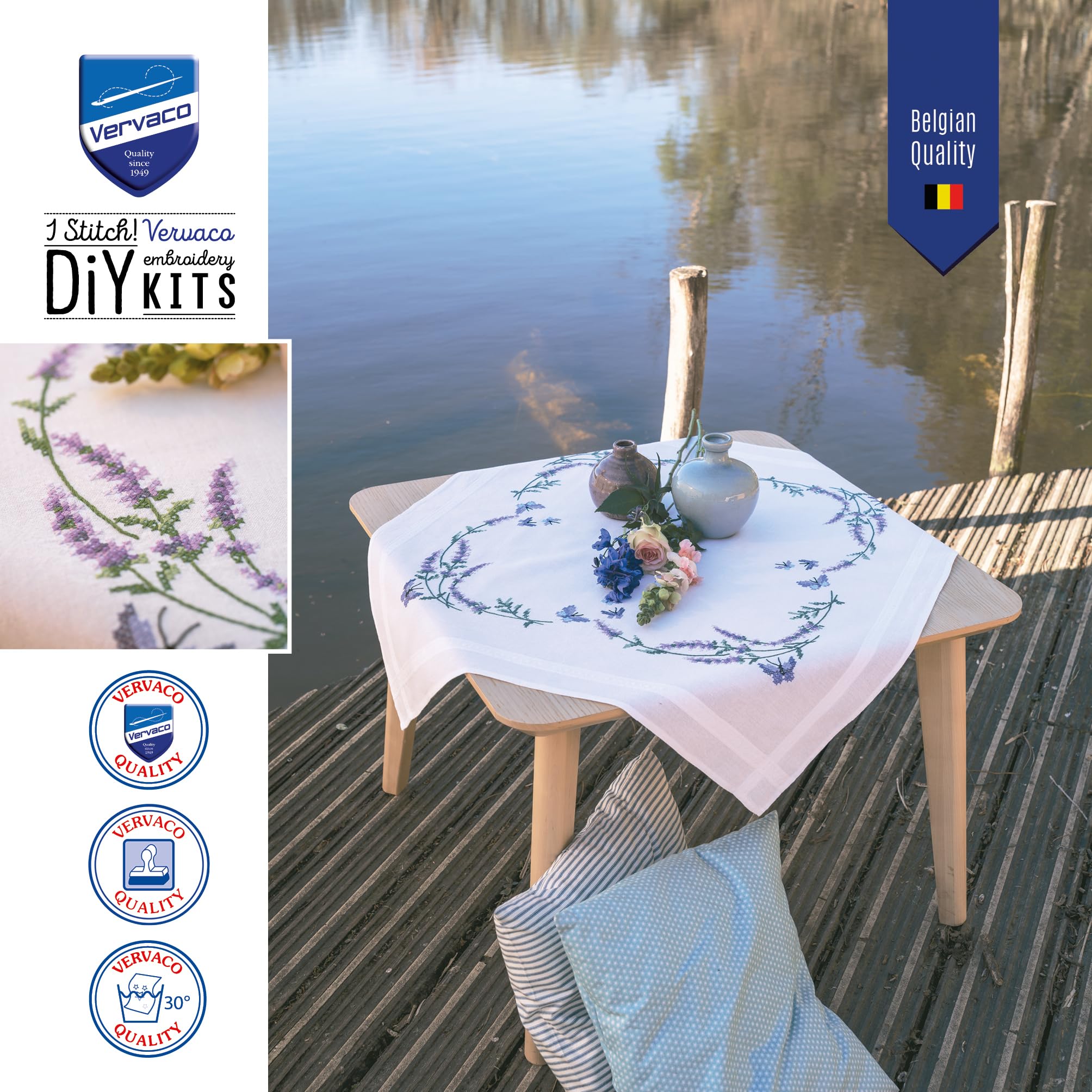 Vervaco Kreuzstich Stickpackungen Tischdecke LAVENDEL UND SCHMETTERLINGE Stickdecken Vorgezeichnet Basteln Erwachsene Kreativ Set Vorgedruckte Decke Sticken 80 x 80 cm Stickset DIY Sticken Set
