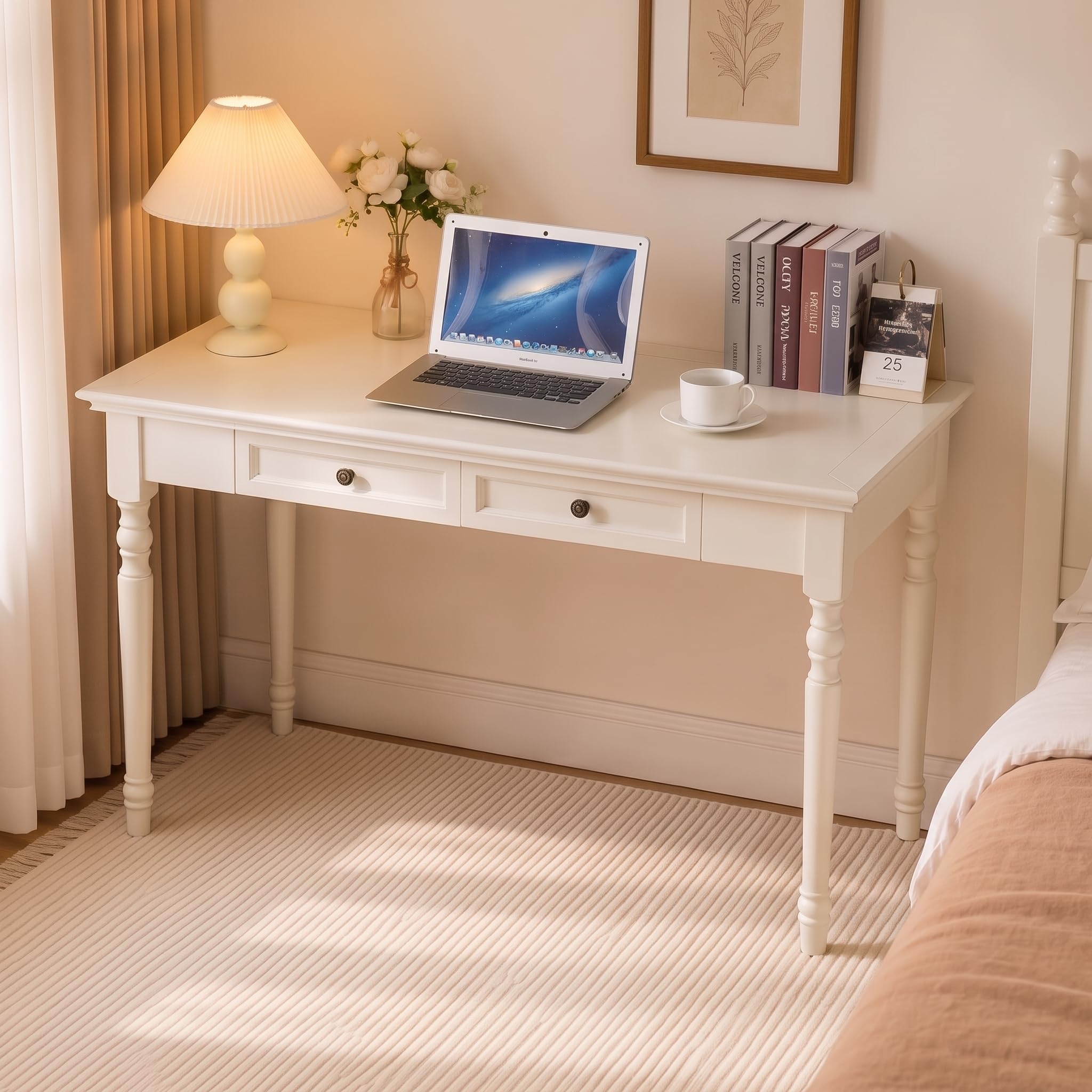 Conabaen white 47 inch French country solid wood writing desk with drawers
