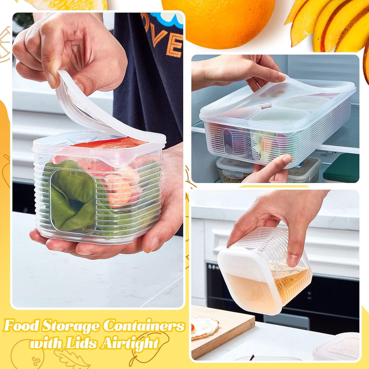 Rtteri 2 Sets Fridge Organizer Divided Serving Tray with Lid Yakumi Pans Seasoning Condiment Container Stackable Refrigerator Organizer with Airtight Lids No Bpa for Veggies, Fruit, Herbs, Spices - Image 4