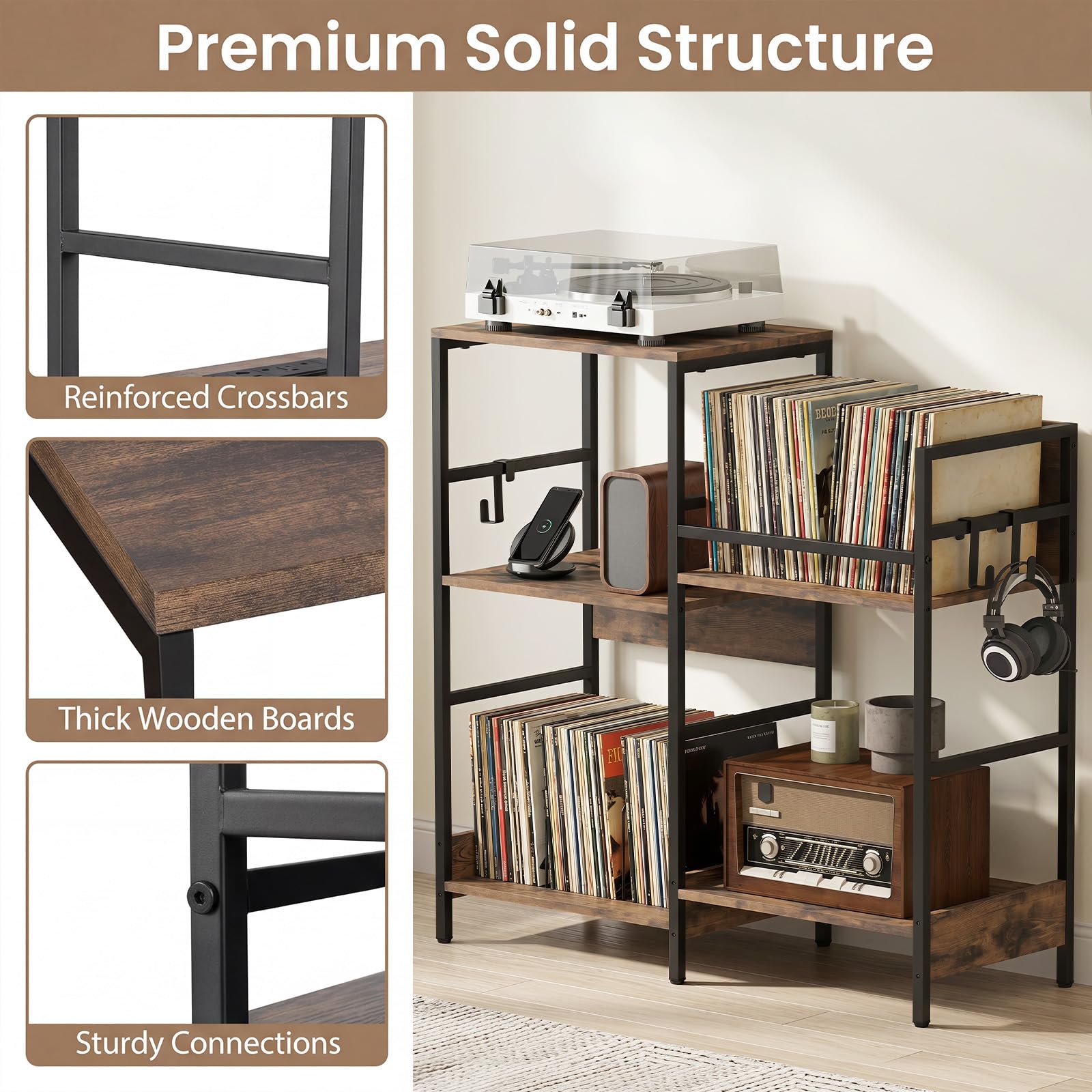 GIANTEX Supporto per Giradischi Multilivello, Mobile Vinili con Stazione di Ricarica, Mobiletto Porta Dischi in Legno con Ganci, Struttura Metallica, per Studio e Soggiorno, 78 x 30 x 78 cm