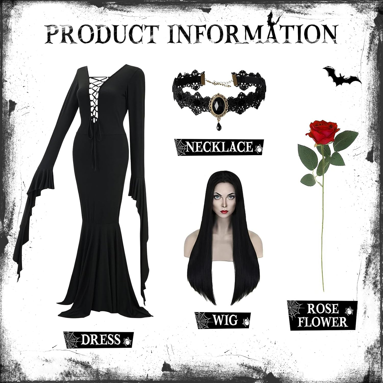 Halloween Costumes Morticia Addams Vintage Gothic Black Long Dress Outfit Women Wig Red Roses Flowers Necklace - Image 4