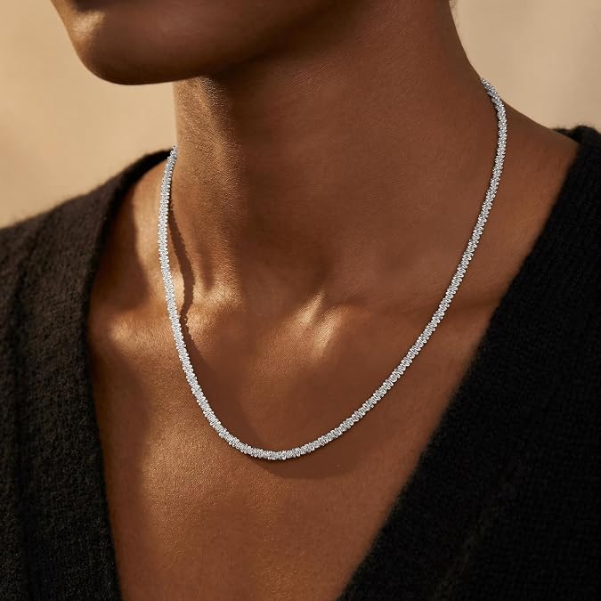 S925 Sterling Silver 4.5mm Sparkly Link Necklace for Women