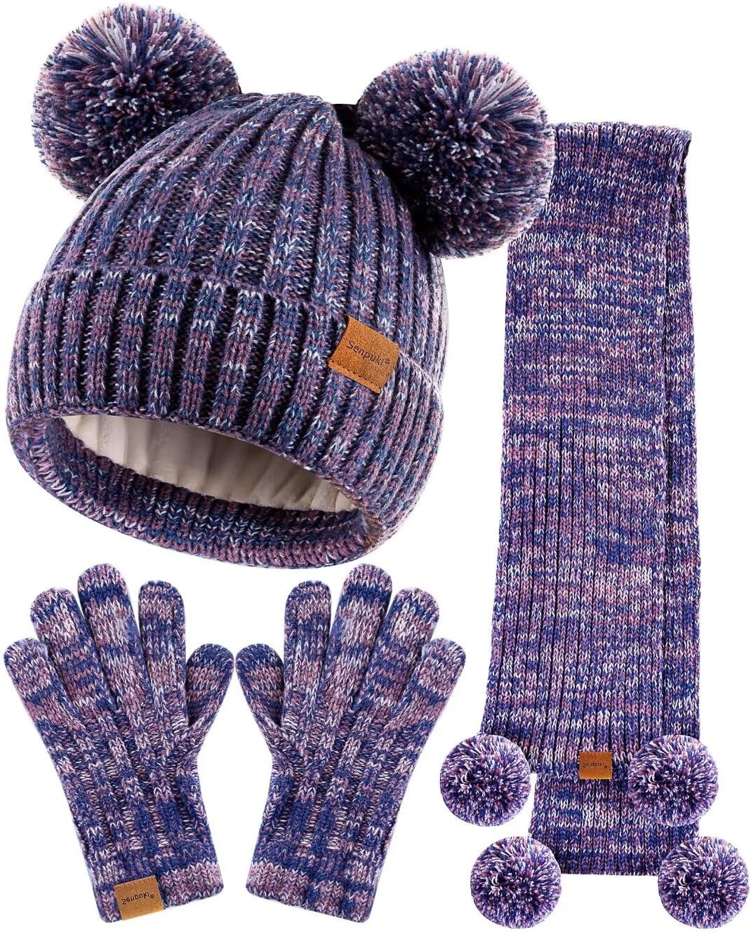 Kids Winter Hat Gloves Scarf Set, Girls Toddler Children Beanie with Pom Knit Neck Warmer Gaiter Mittens Fleece Lined Set（Purple Mix）