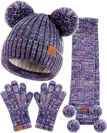 Kids Winter Hat Gloves Scarf Set, Girls Toddler Children Beanie with Pom Knit Neck Warmer Gaiter Mittens Fleece Lined SetPurple Mix