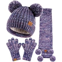Kids Winter Hat Gloves Scarf Set, Girls Toddler Children Beanie with Pom Knit Neck Warmer Gaiter Mittens Fleece Lined SetPurple Mix
