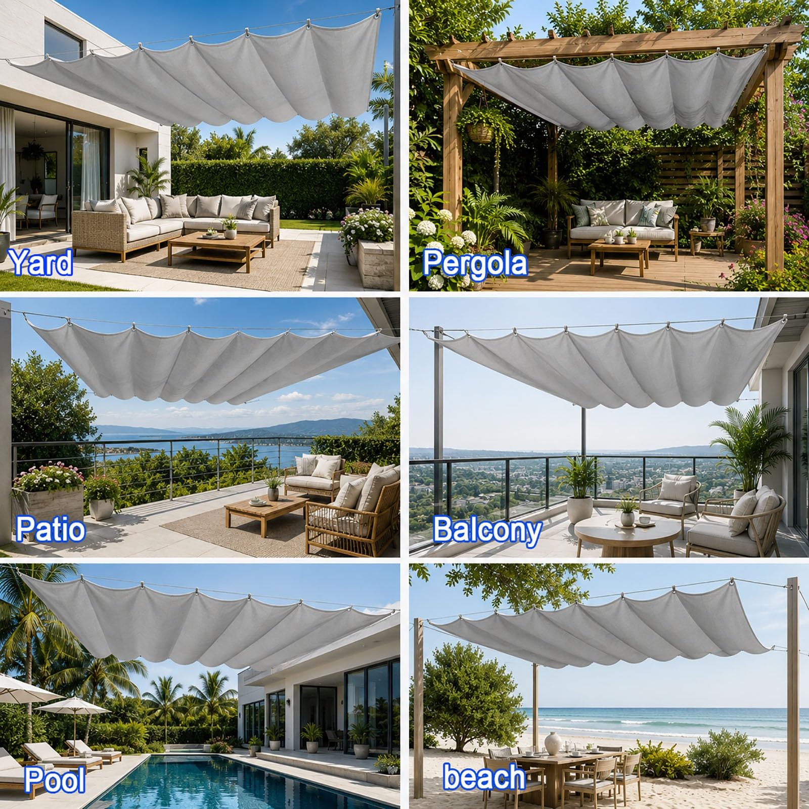 Ausziehbares Wellen-Sonnensegel 2.6 x 8 m 98% Uv-Schutz Reißfest Wetterfest Rechteckig Winterfest mit Ösen Verstellbare Schattenabdeckung für Balkon Terrasse Garten, Hellgrau