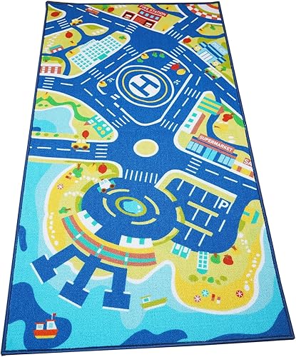 Children Play Rug 26x55 Inch City Road Traffic Play Mat Carpet for Kids, Polyester Surface with Non-Slip TPR Backing, Foldable Storage Tube,