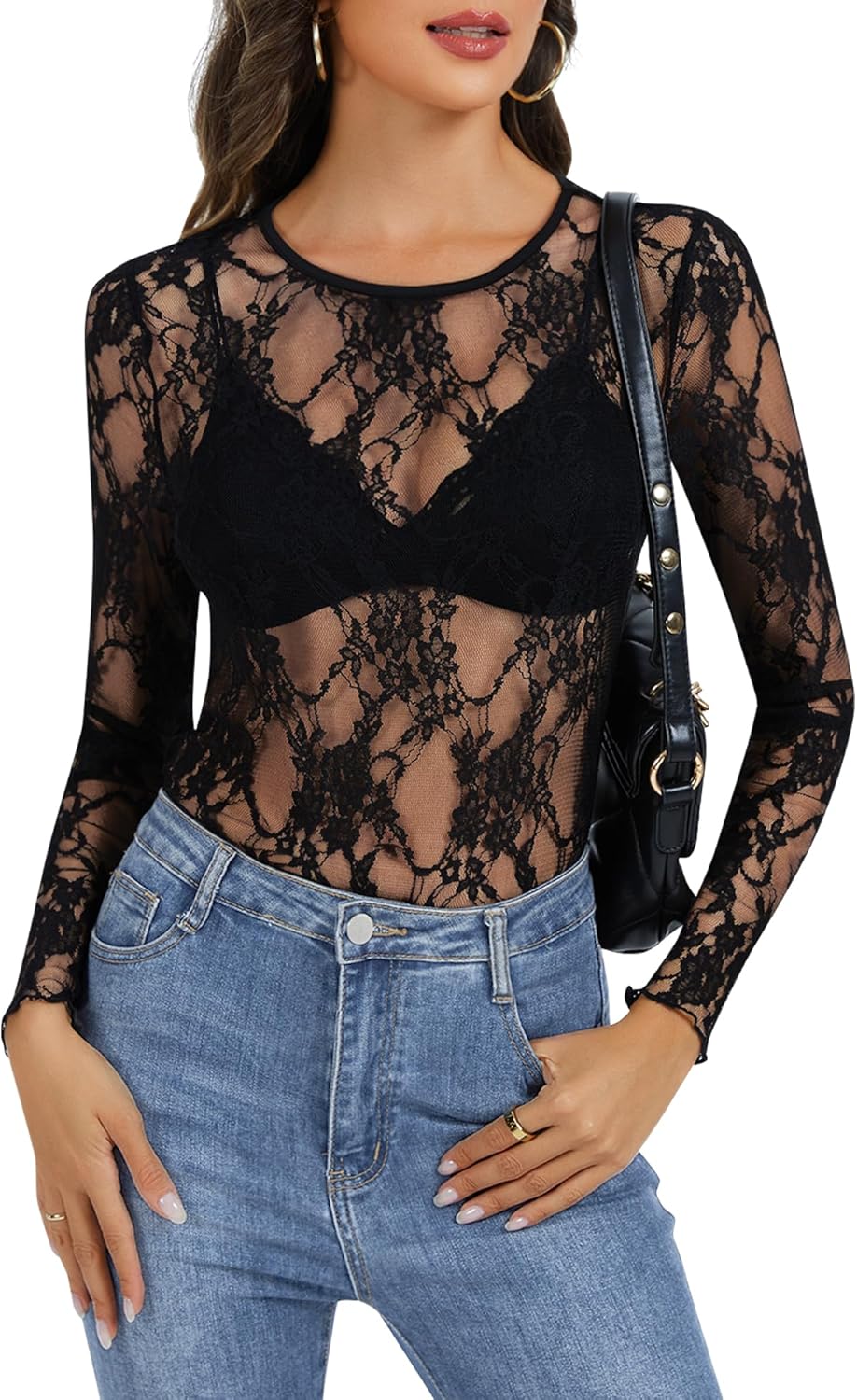 Lace Long Sleeve Tops for Women Mesh Sheer Sexy Undershirt Crew Neck Floral See Through Shirts