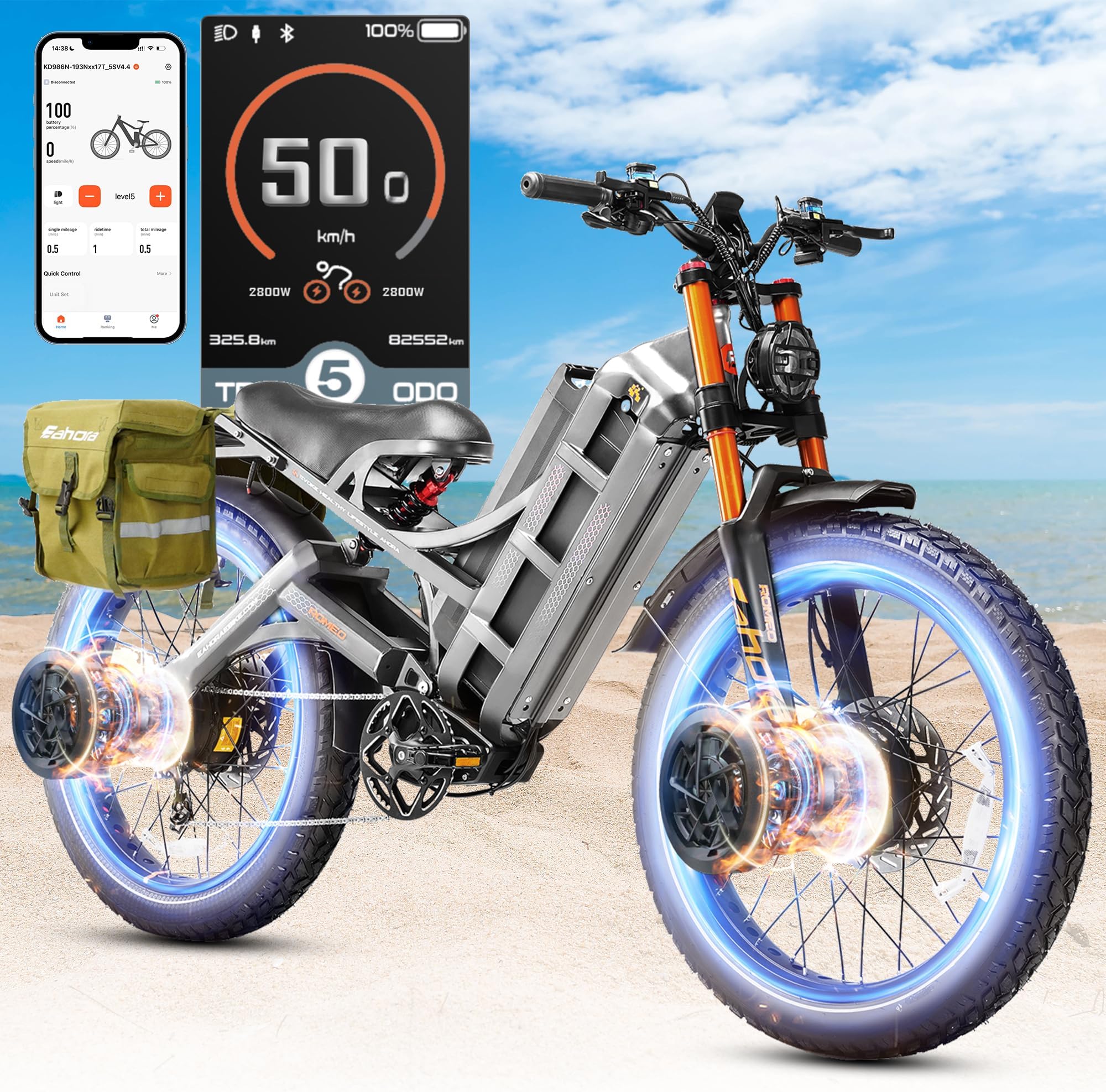eAhora Romeo Pro 2/3 34-50Mph Electric Bike for Adults, 1600/2500/4000/5600W Dual Motor Ebike 48-60V 60-80Ah Battery 100-235 Mile Long Range, 26*4.0"/20*4.5" Fat Tire, Full Suspension, All Terrain