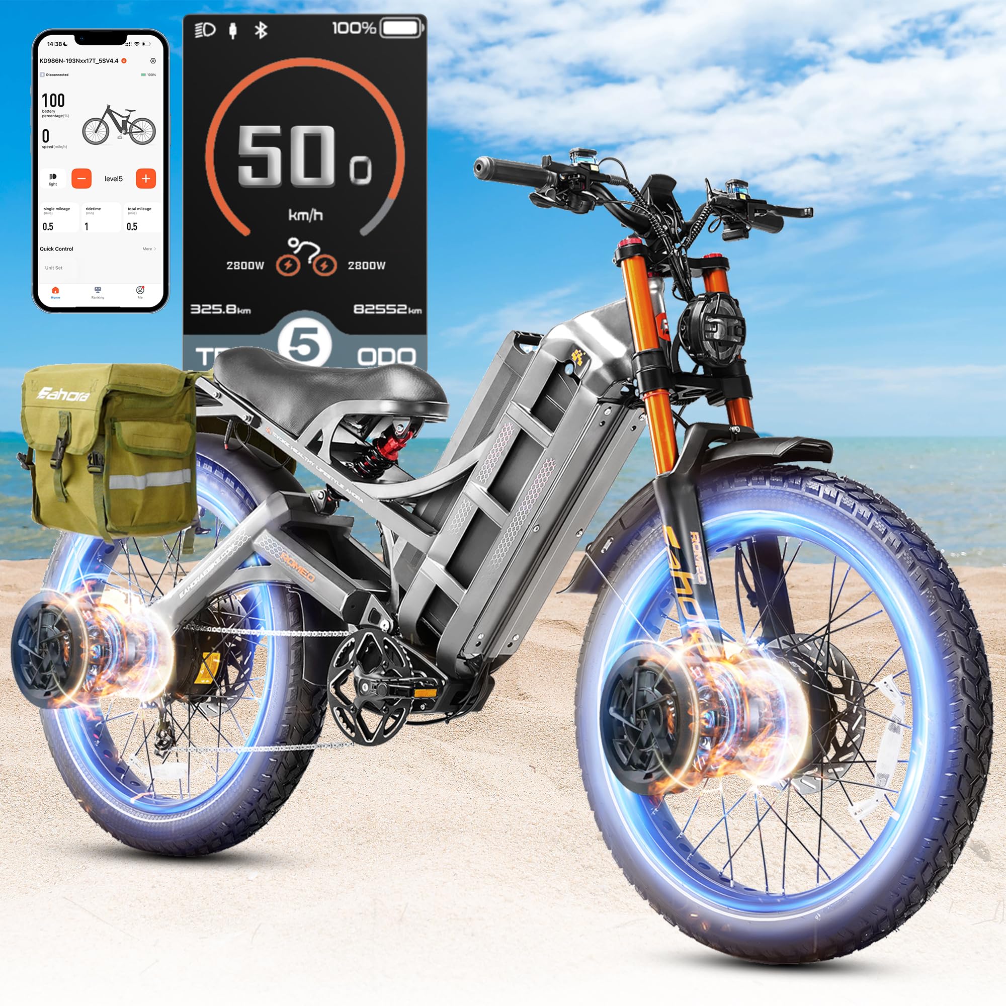 2025 eAhora Romeo Pro 3/2 50Mph/46Mph Electric Bike for Adults Peak 5600W/4000W Dual Motor Ebike, 60V/80Ah 52V/70Ah 235+Miles Long Range Ebike, 26*4.0" Fat Tire Electric Mountain Bike, Full Suspension