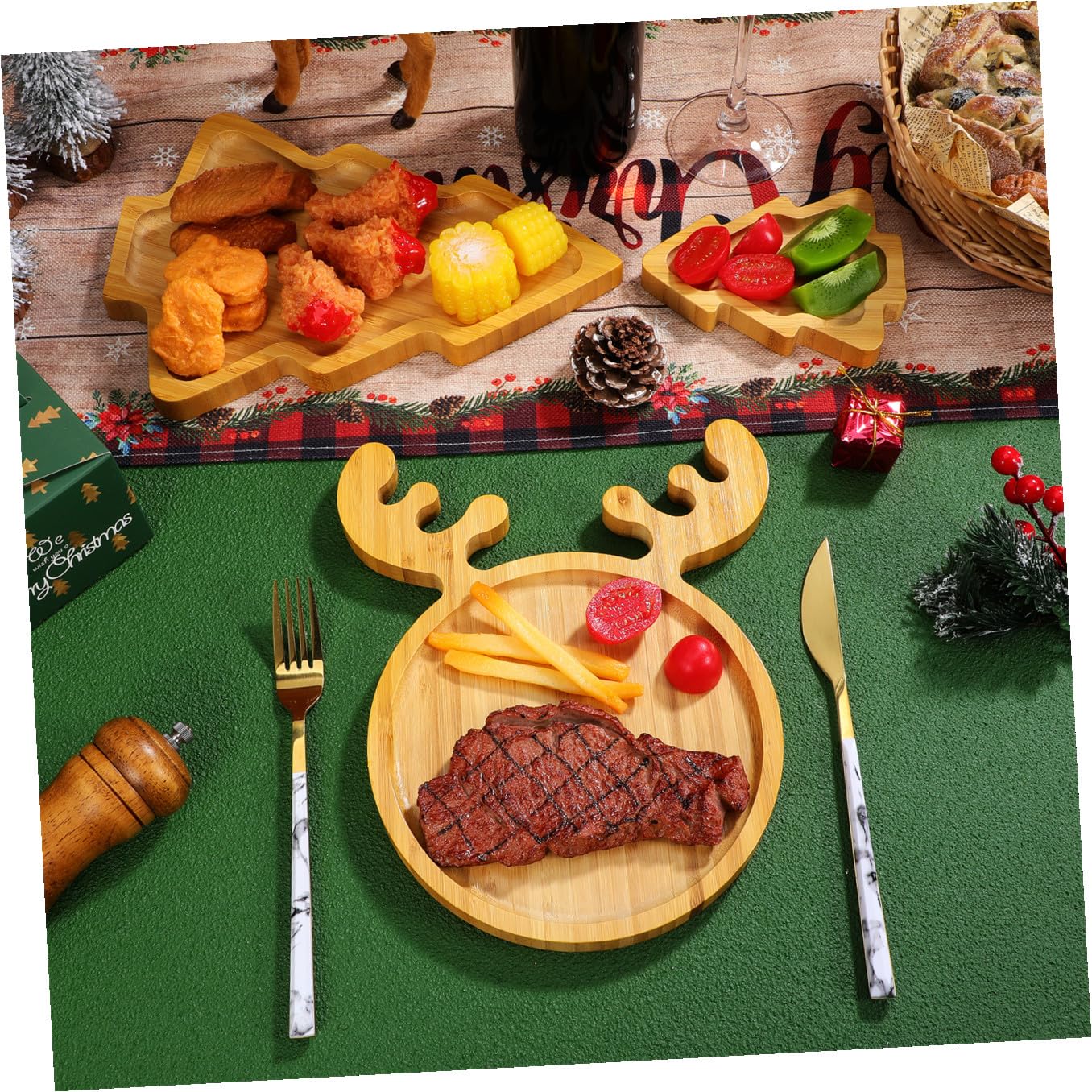 Bandeja de Postres de Madera Forma de Ciervo y Árbol de Navidad, Paquete de 3 Piezas Gran Capacidad para Restaurantes y Banquetes, sin Rebabas y Efecto Decorativo