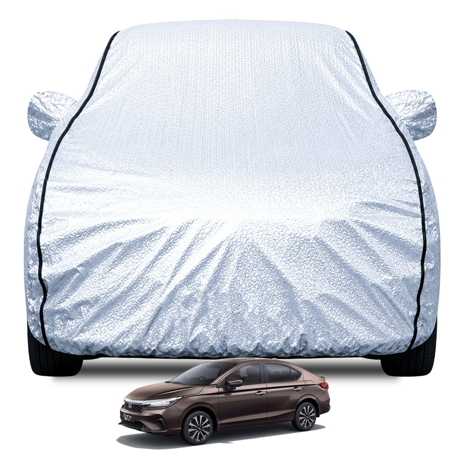 FABTEC Waterproof Car Body Cover for Honda City (2021-2025) with Mirror Pocket, Soft Cotton Lining, Triple Stitched (Heat Resistant Metallic Silver with Black Piping)