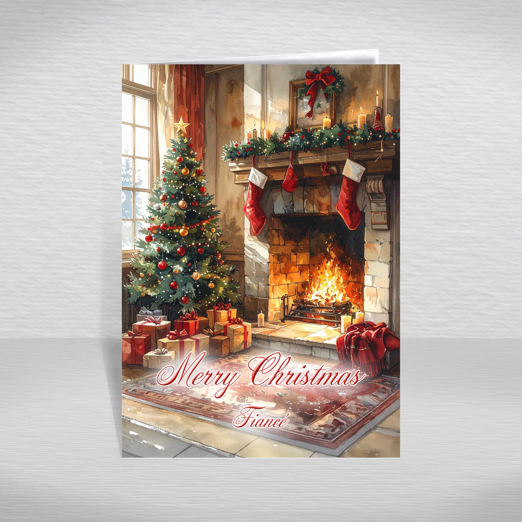 Christmas Card for Fiancé, Male Partner – Gifts Beneath the Tree & Cosy Fireplace Scene, A5 Traditional Greeting Card with a Special Verse Inside: Fiancé Christmas Card