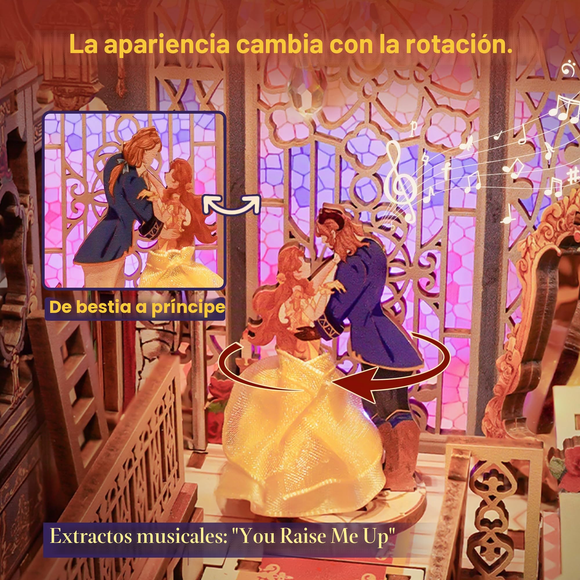 Tonecheer Kit de rincón de Libros para Adultos, Rompecabezas de Madera 3D para sujetalibros, Casa en Miniatura con Luces LED (Bestia y Belleza)