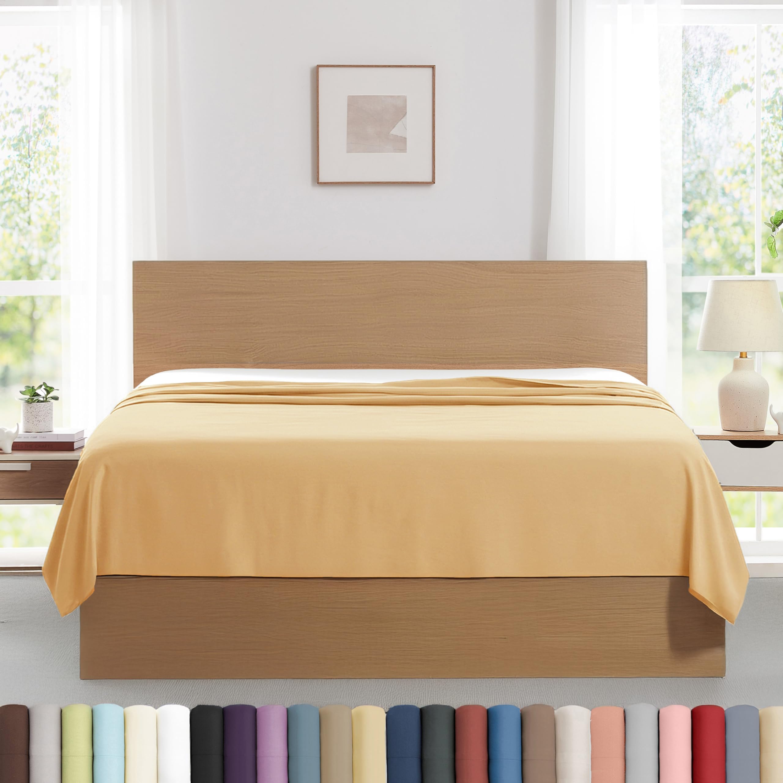 Southshore Fine Living, Inc. 2-Pack King Flat Sheet Only, Premium Oversized Bed Sheets, King Size Top Sheet 112" x 102" Stays Tucked on Deep Mattresses, Set of 2 Flat Sheets, Gold