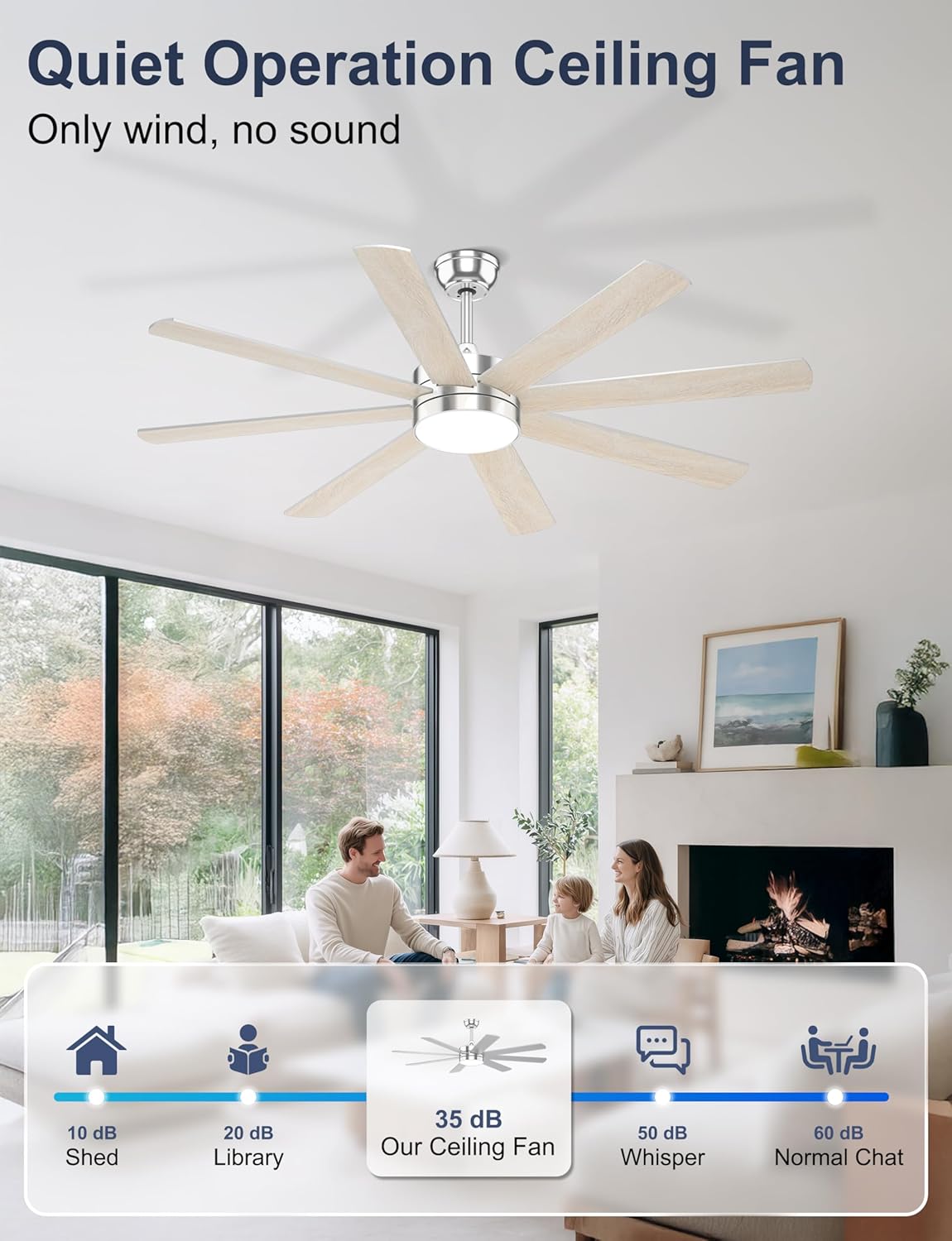 60'' Silver Ceiling Fans with Lights - 8 Blades Ceiling Fan Remote/APP Control, Dimmable, Silent DC Motor Ceiling Fan for Indoor/Covered Outdoor