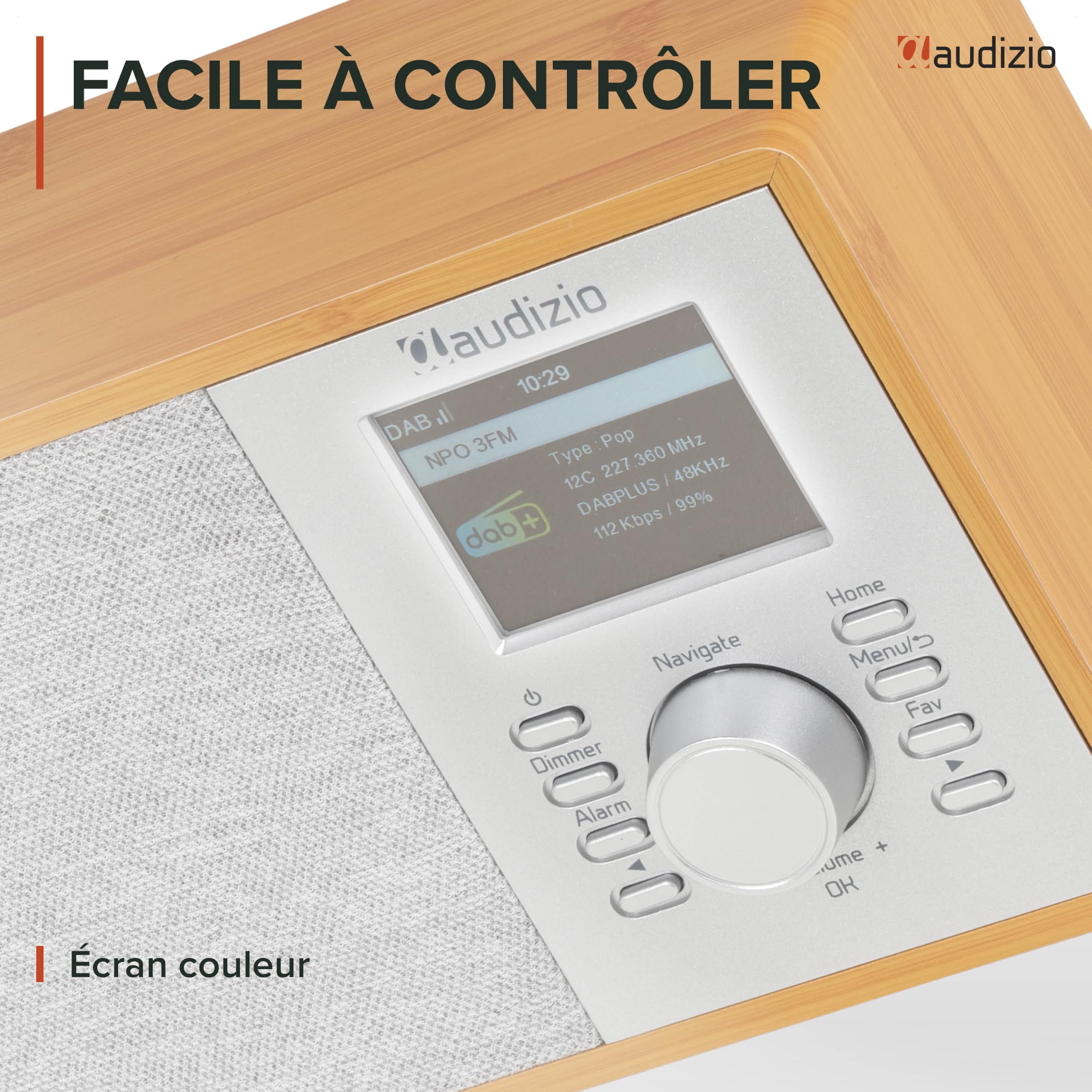 Audizio Cosa Radio Internet Wi-FI Dab+ FM BT 5.2 Bambou, Radio Numérique Compacte 30 W avec Écran Couleur 2,4", Plus de 32 000 Stations, Réveil, Entrée AUX et Sortie Casque