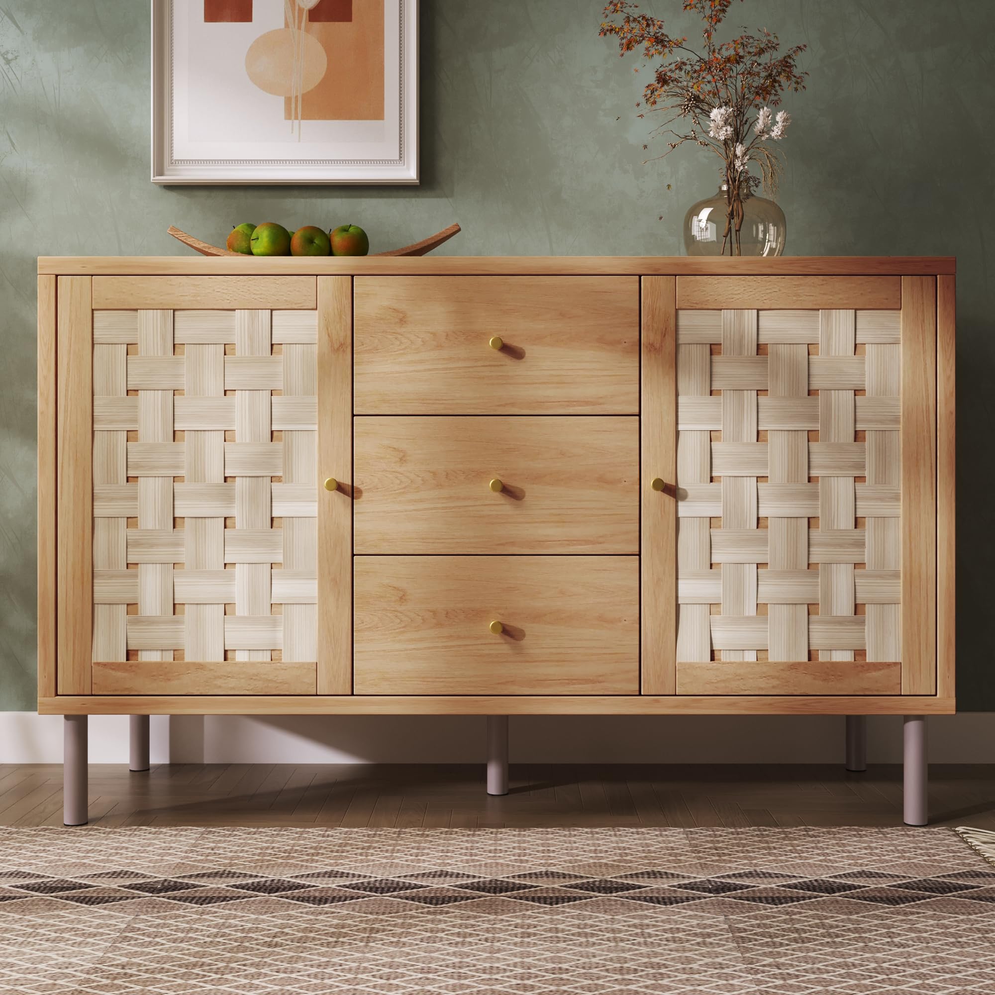 Credenza in stile rustico 120x40x75 cm, color rovere, con 2 ante, 3 cassetti, ripiani regolabili in altezza, gambe in metallo, sistema antiribaltamento, credenza per soggiorno, ingresso, cucina.