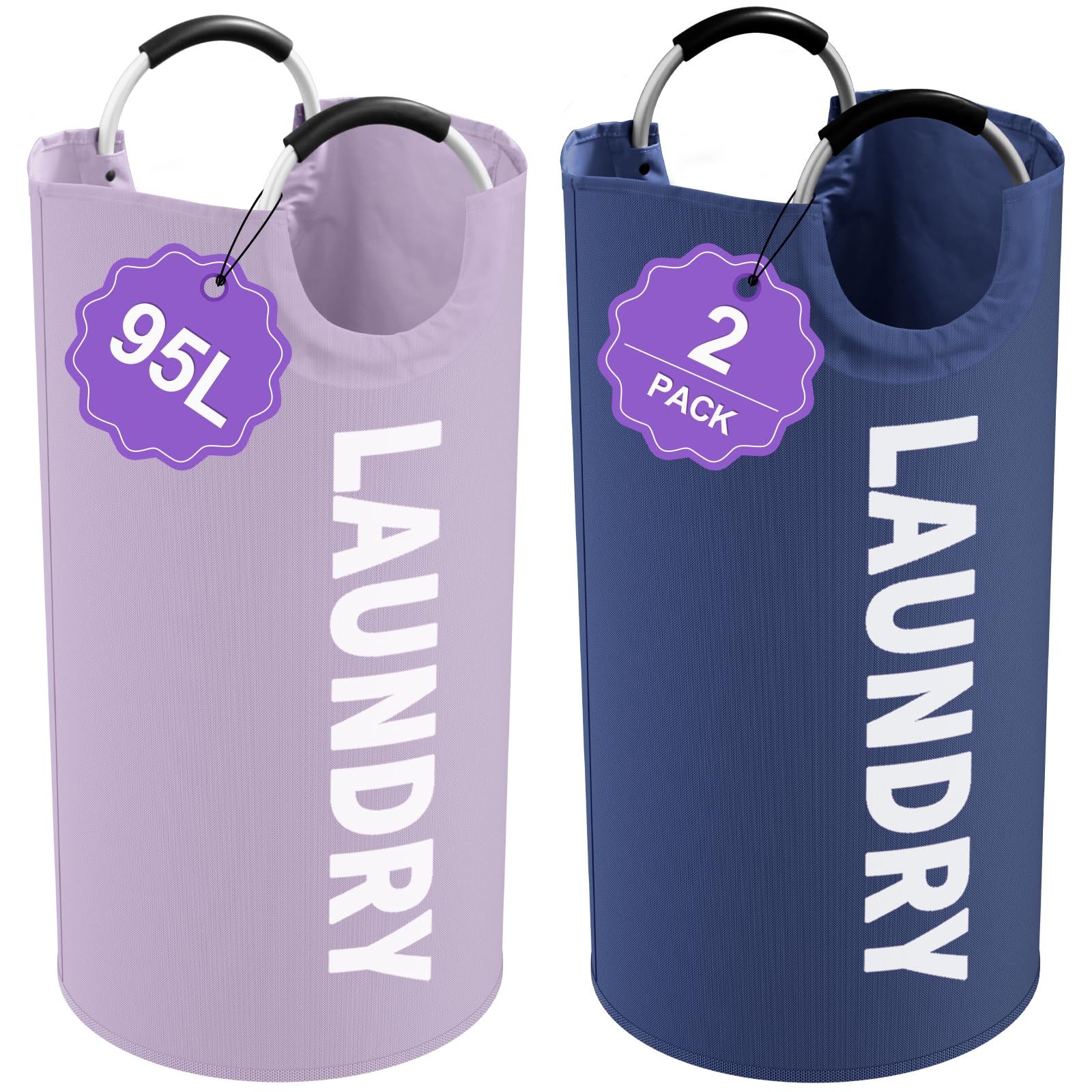 Set di 2 cesti portabiancheria grandi, 95 l, pieghevoli, con manici in alluminio, portatili, per camera da letto, viaggi, viola e blu navy