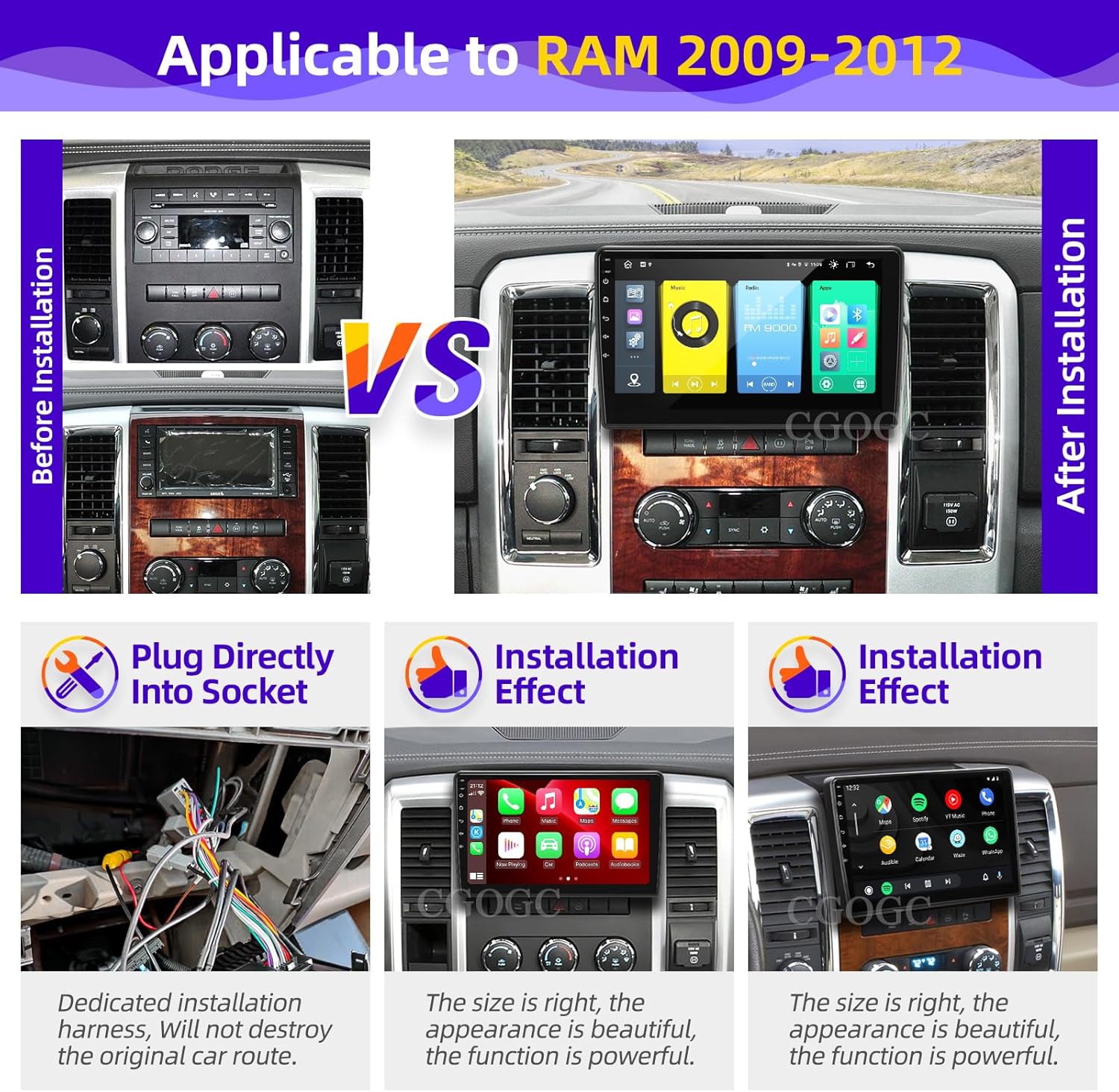 for Dodge RAM 1500 2500 3500 2009 2010 2011 2012 Radio Compatible with Wireless Carplay Android Auto 8core Touchscreen Car Stereo Bluetooth GPS FM/AM Multimedia Navigation WiFi Camera Head Unit