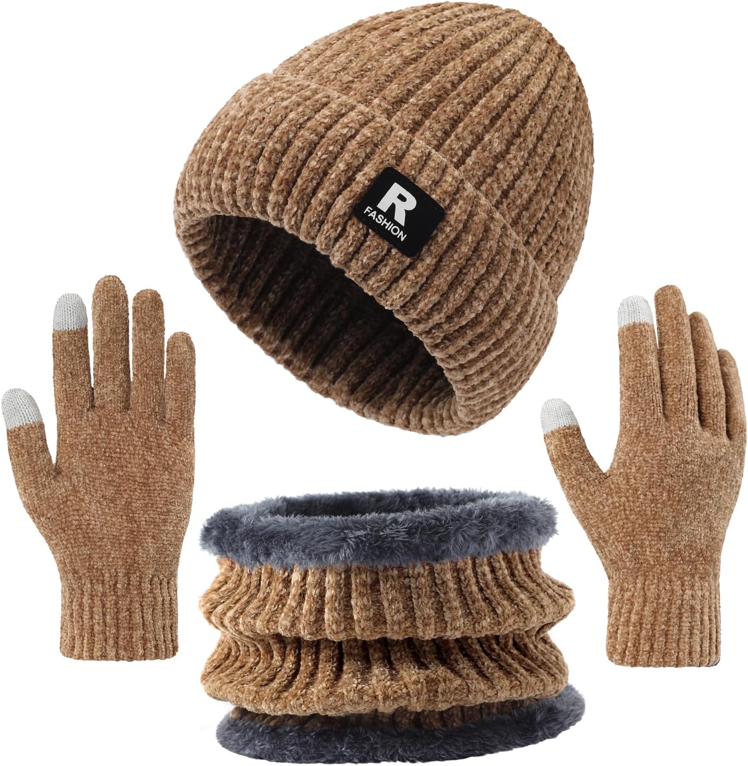 Winter Beanie Hat Circle Scarf Gloves Set for Men Women, Thick Warm Chenille Skull Cap Touchscreen Gloves Neck Warmer