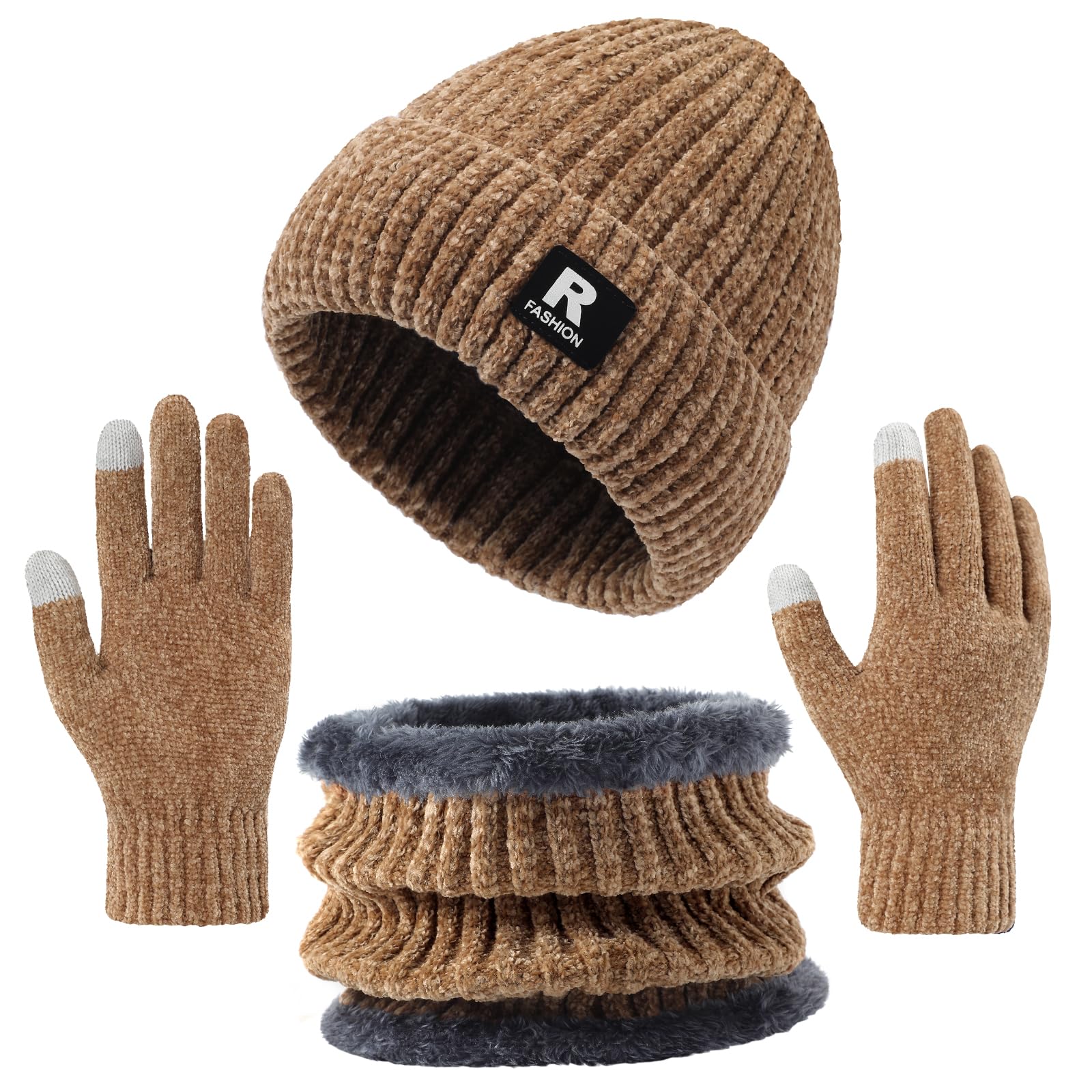 Winter Beanie Hat Circle Scarf Gloves Set for Men Women, Thick Warm Chenille Skull Cap Touchscreen Gloves Neck Warmer