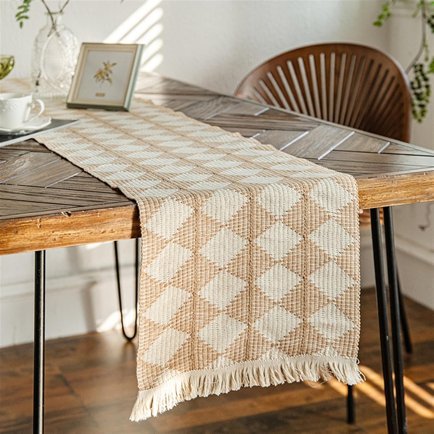 Embroidery Linen Modern Table Runner with Tassel Decorative Burlap Tablecovers for Dinner Parties, Spring Wedding & Everyday Use 13"x93" Inch Stripe Black