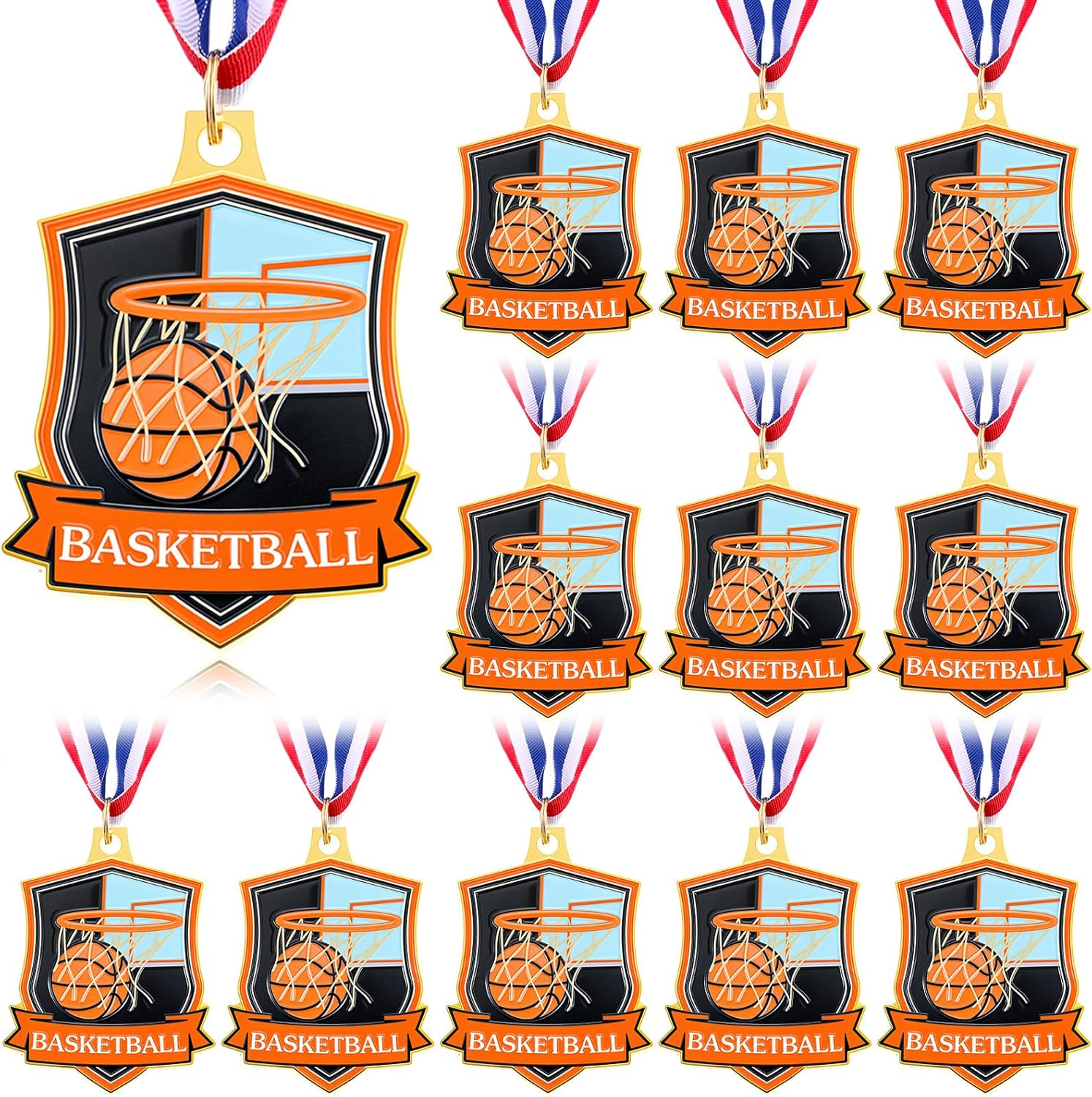 Hiboom 12 Pack Gold Award Medals with Neck Ribbons - Zinc Alloy Medals for Sports Tournaments, Competitions & Party Favors - Football Basketball Soccer Volleyball Golf Tennis Metal Trophy