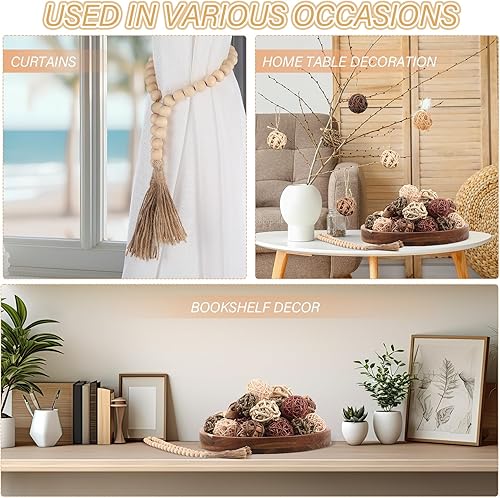Miniatura 6 de Halloscume 31 guirnaldas de cuentas de madera de 30.3 pulgadas con borlas, bolas decorativas de ratán de mimbre, decoración de guirnalda de cuentas,