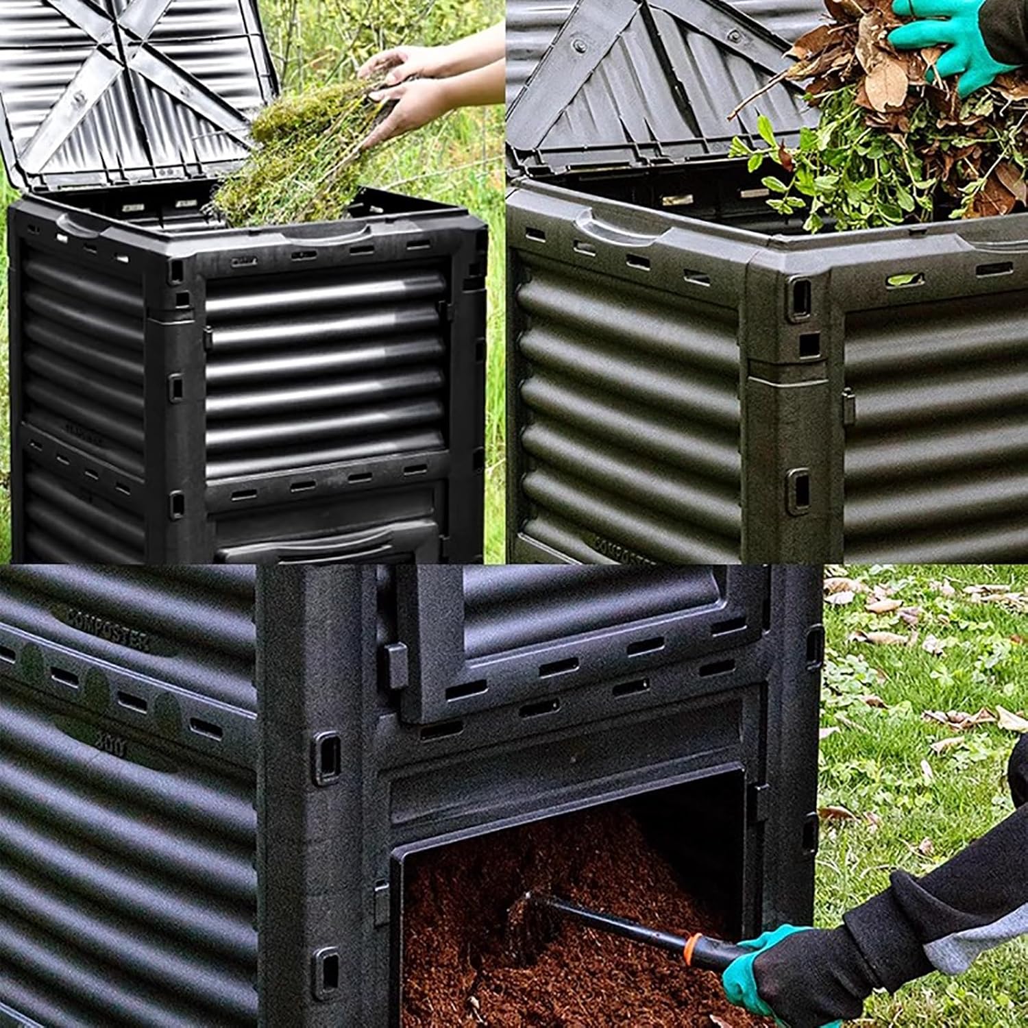 80 Gallon/300L Large Compost Bin, Outdoor Composting Bin for Garden Patio, All-Season Fast Working Chamber Composters for Garden Patio w/Lid(Black)