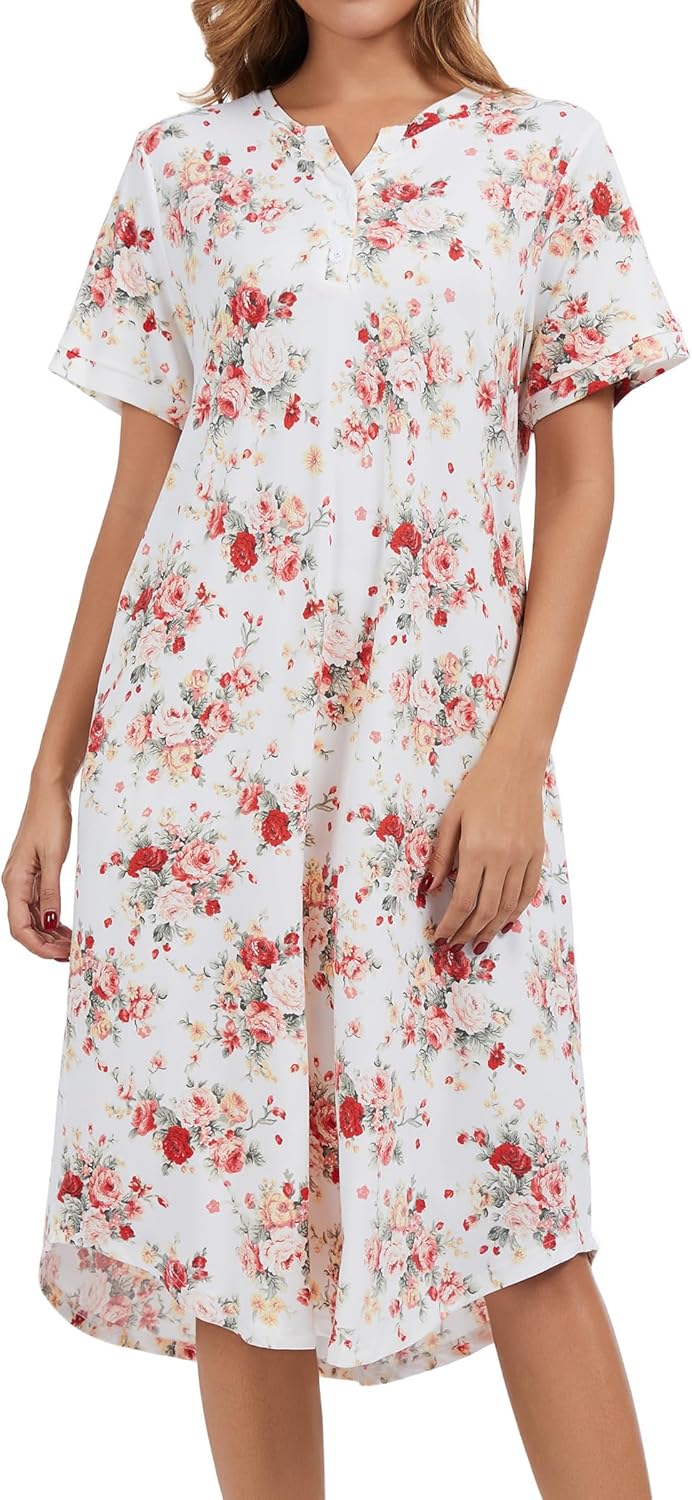 Nightgowns for Women Soft Cotton Short Sleeve Botton Night Gowns Long Sleepwear with Pockets - Image 6