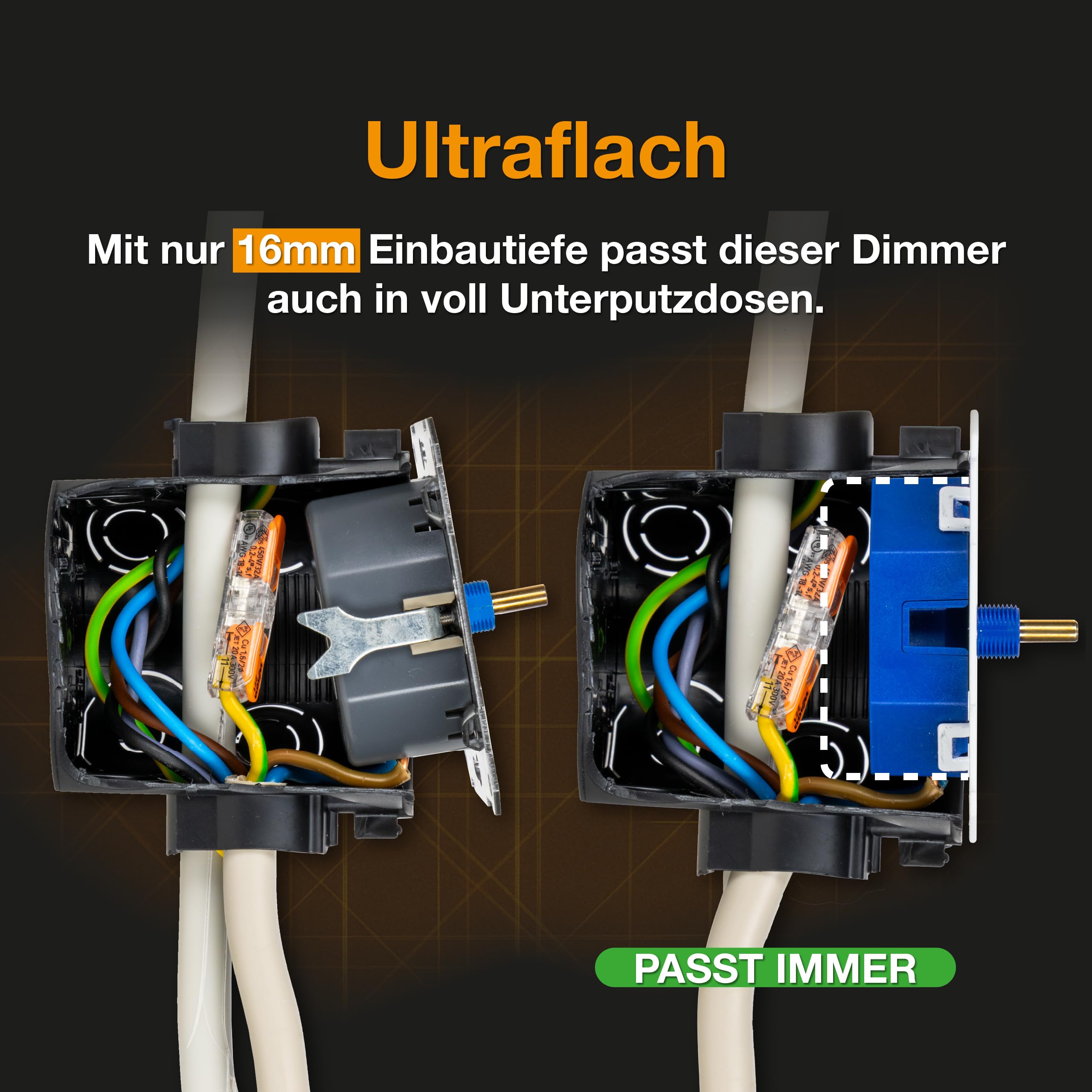 LED-Dimmer 3-250W Digital, nur 16 mm Einbautiefe, UP-Drehdimmer zum Dimmen von LED und Halogen 3-250 W kompatibel mit Busch-Jaeger, Gira, Kopp, Merten, Jung, Berker, Phasenanschnitt Phasenabschnitt