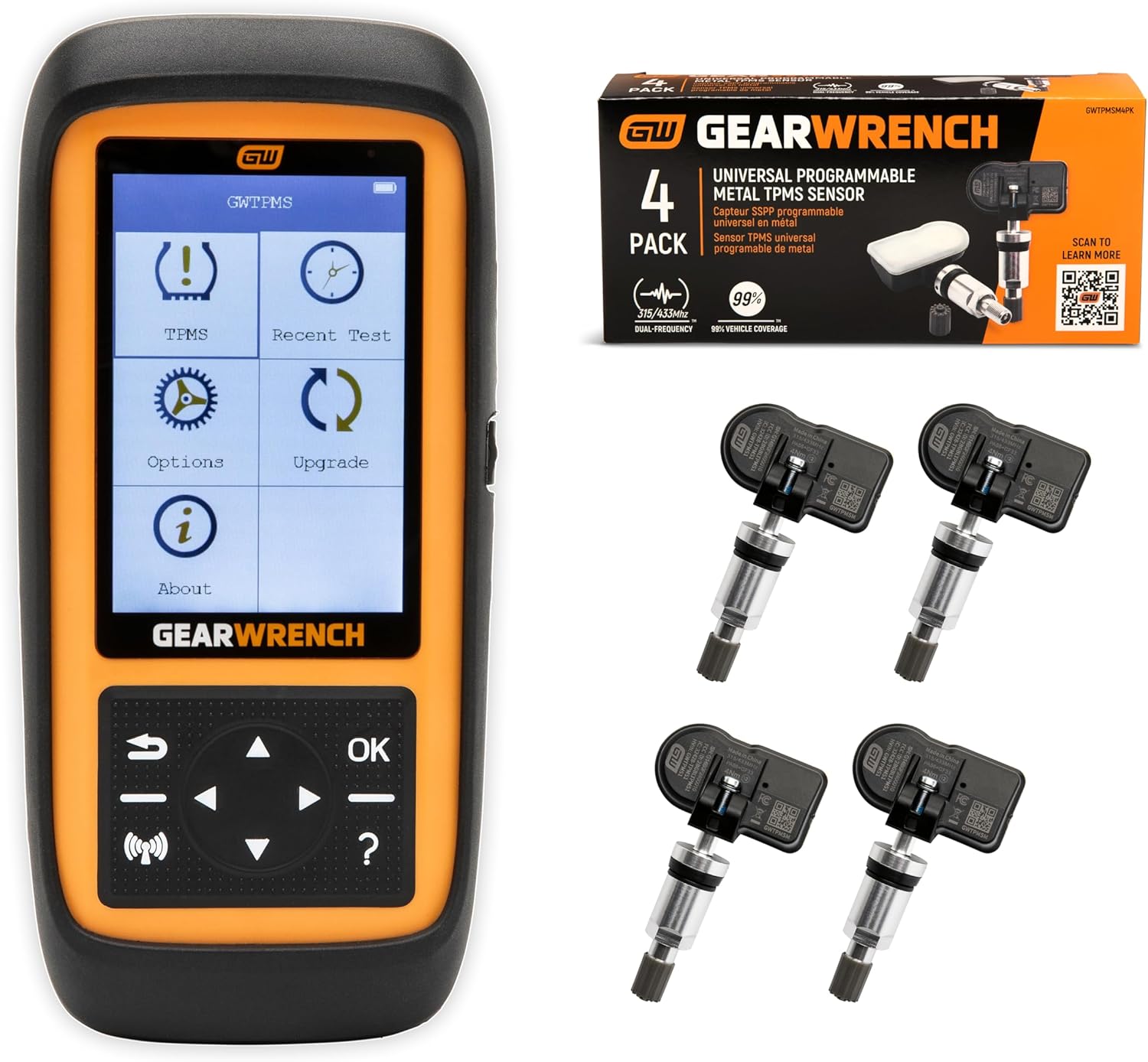 Bundle of GEARWRENCH Universal Tire Pressure Monitoring System Programming & Diagnostic Tool | GWTPMS + GEARWRENCH Universal Programmable Metal TPMS Sensor | 4 Pack | GWTPMSM4PK