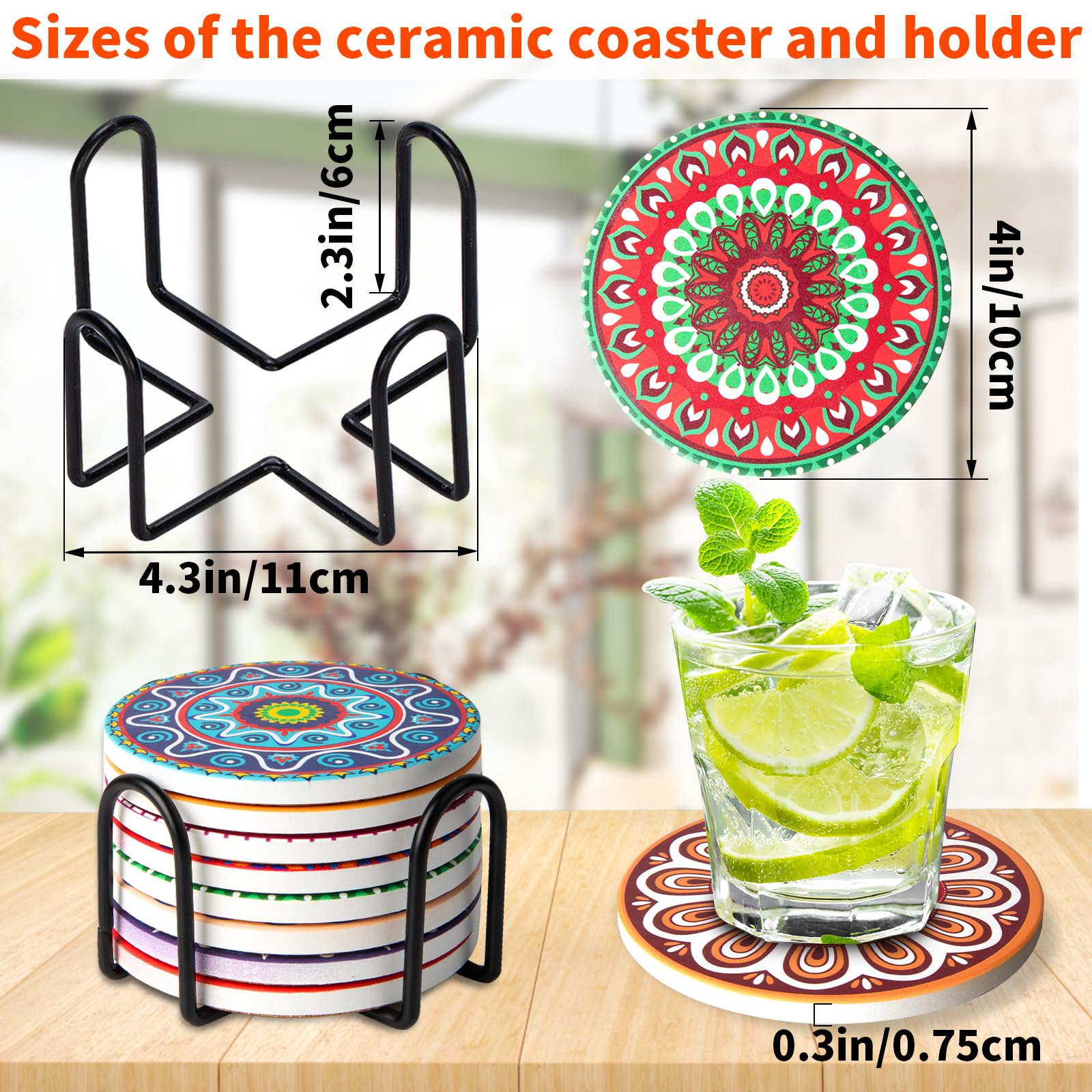 Boho Ceramic Drink Coasters with Holder - Set of 8 -2