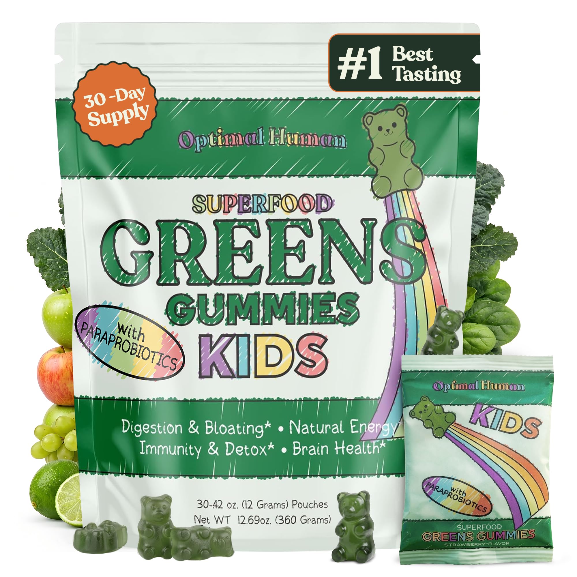 O H Optimal Human Kids Green Gummies, Superfood Greens & Probiotics, 30 Ct