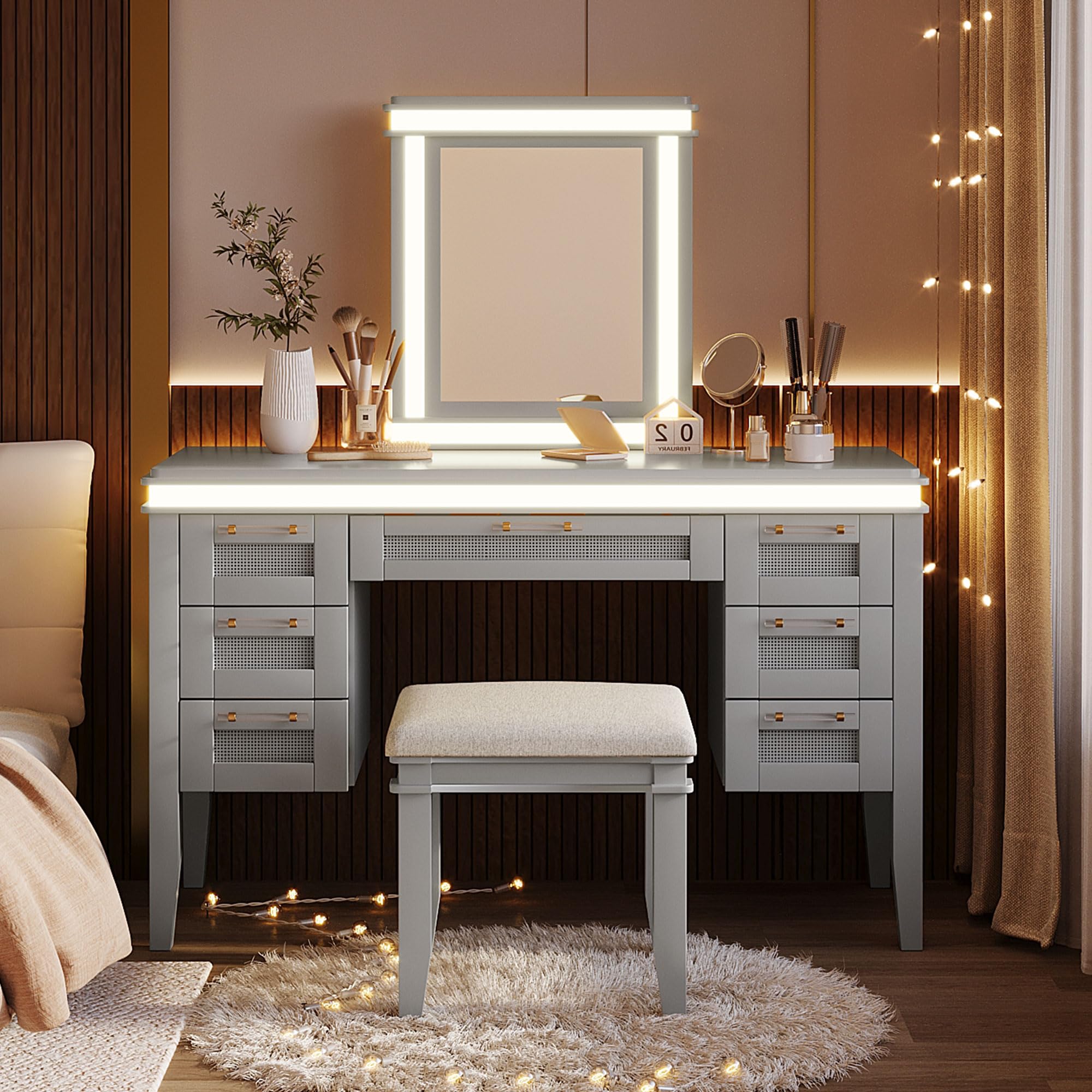 48" Vanity Desk with Mirror, Classic Makeup Vanity with 7 Drawers and Cushioned Stool, Hollow Design Drawer, Rubber Wood Legs, Dressing Table with Bamboo Weave Design, Easy Assembly (Grayish Blue,08)