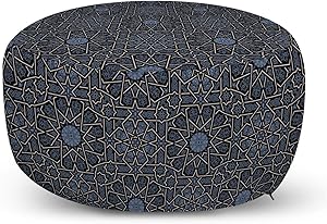 Ambesonne Moroccan Ottoman Pouf, Geometric Design with Old Rich Royal Elements and Moroccan Star Dark, Decorative Soft Foot Rest with Removable Cover Living Room and Bedroom, Black Cream