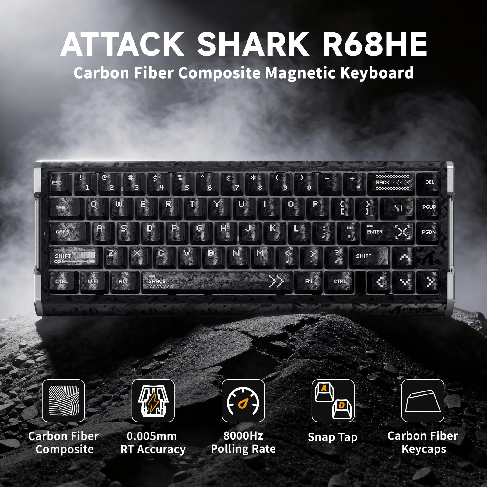 MAMBASNAKE ATTACK SHARK R68 HE Carbon Fiber Rapid Trigger Keyboard, Wired 8KHz Magnetic Keyboard, 0.005mm RT Accuracy, Forged Carbon Fiber Keycaps, 6-Layer Acoustic Damping Stack, Dual Driver, Black