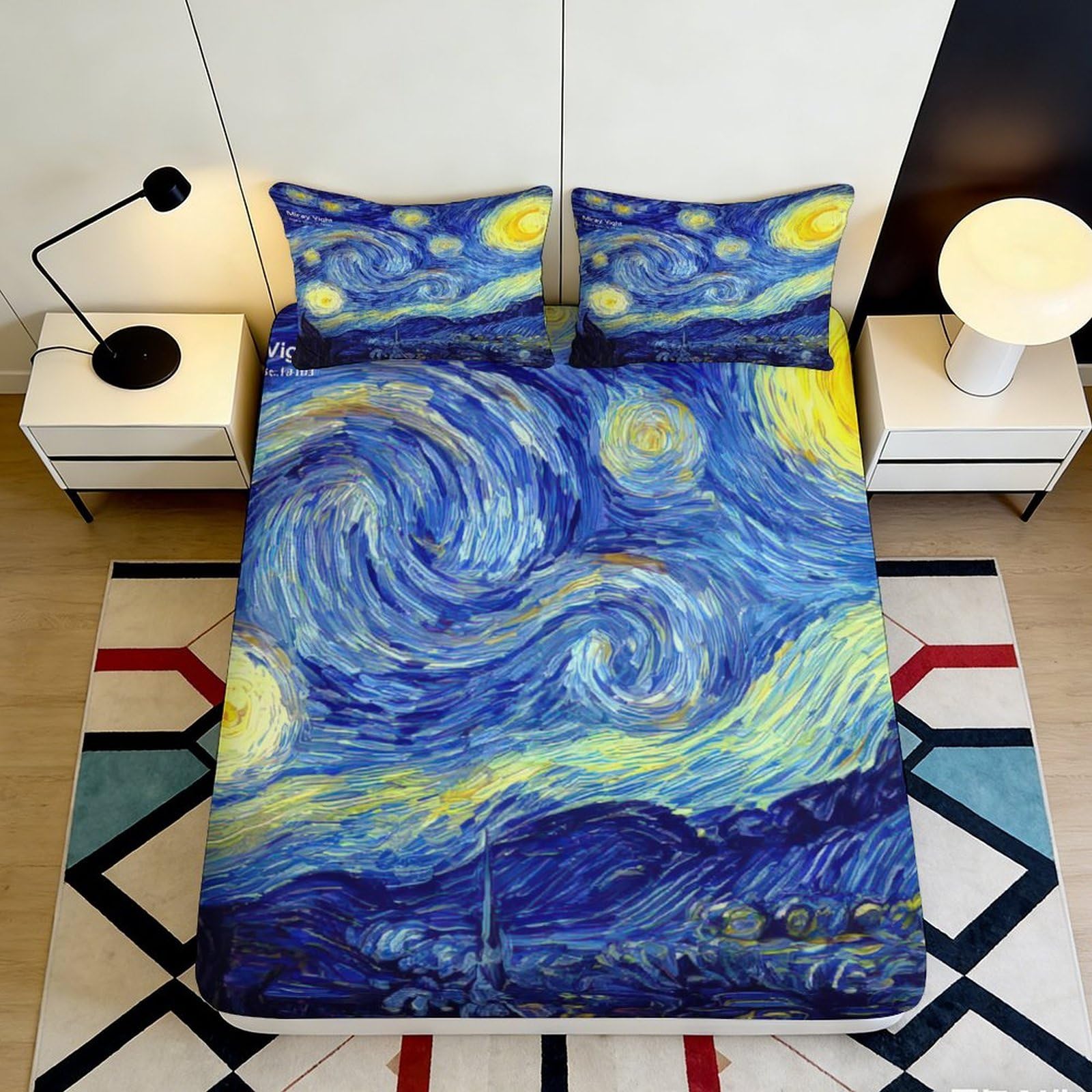3D Printed Starry Night Fitted Sheet Microfiber Soft Artistic Blue Yellow Swirl Bed Sheet for Bedroom Guest Room 90x200x25cm