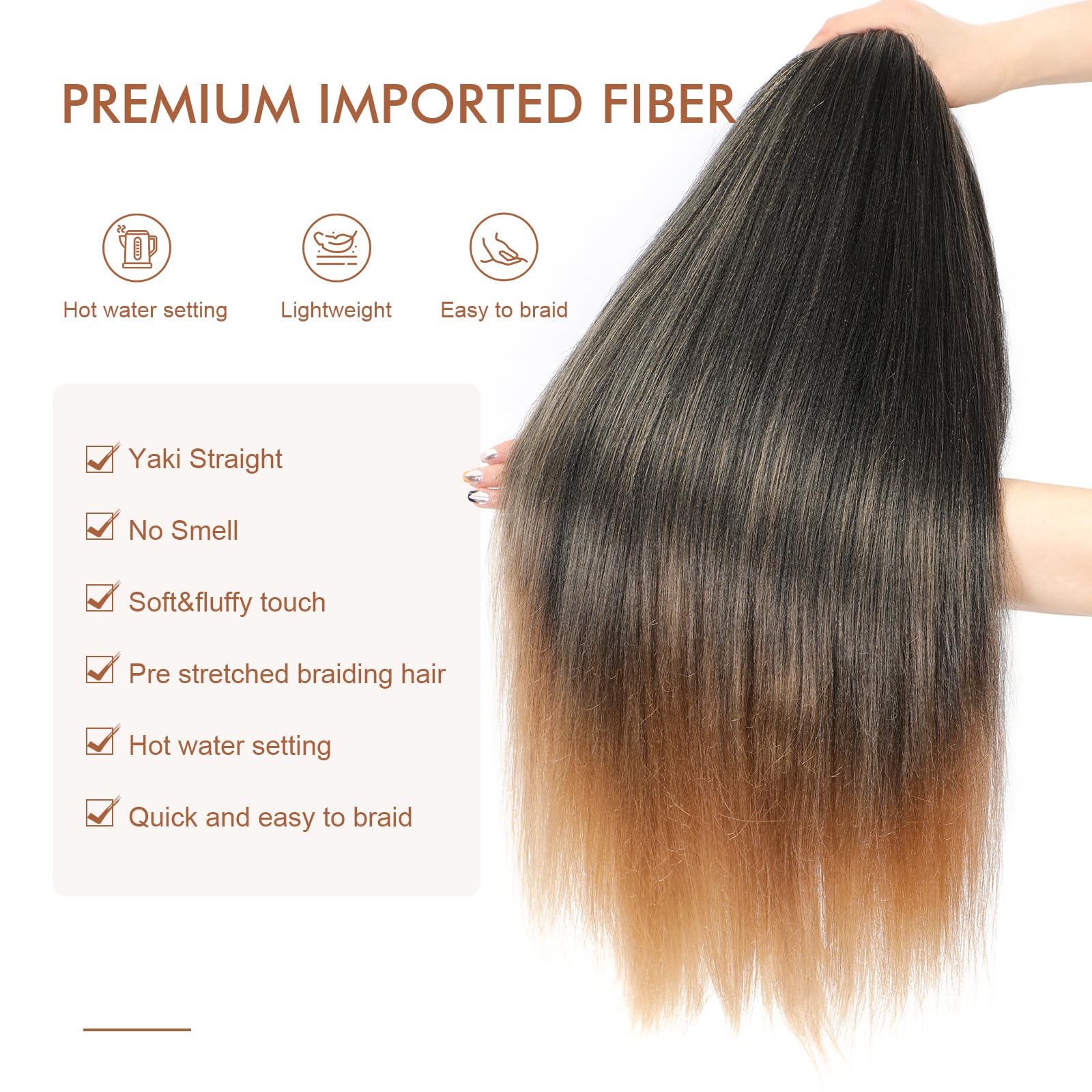 Pelo trenzado preestirado – 24 pulgadas, 8 paquetes de cabello trenzado largo rubio degradado para trenzas torcidas o de caja, extensiones de cabello sintético Yaki con ajuste de agua caliente