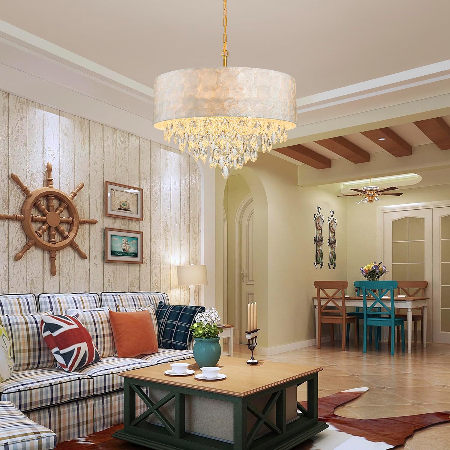 X-Large 6-Light Drum Capiz Shell K9 Crystal Chandelier, Coastal Style Pendant Light Fixture for Dining Room, Living Room, D24 * H24~70 Inch (Adjustable), Clear Crystal & Brass Finish