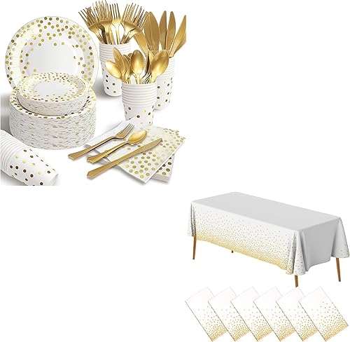 AIRE 350 platos de fiesta blancos y dorados con 6 manteles de plástico blanco y dorado, 25 suministros desechables para fiesta, simplemente disfruta